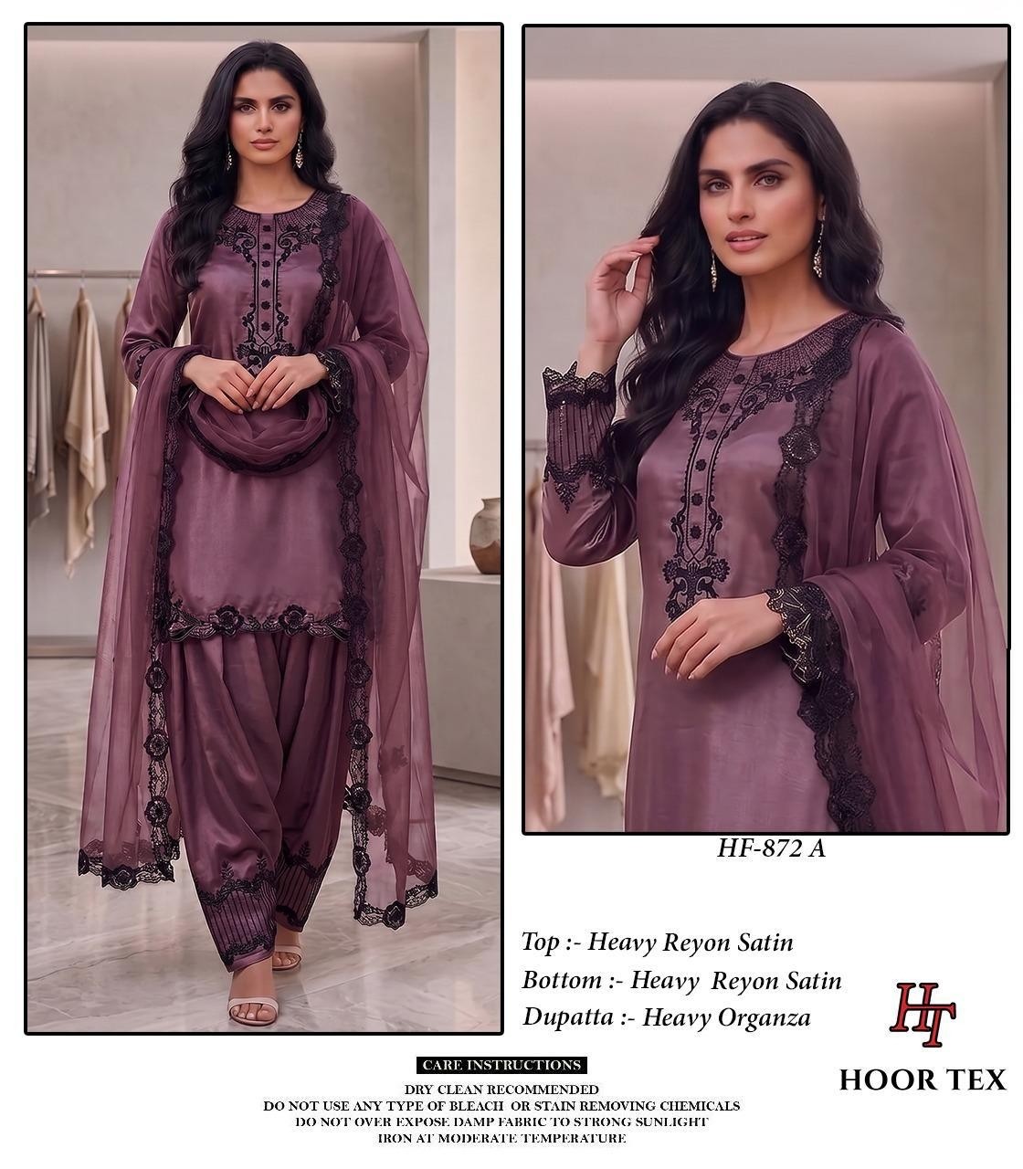 Pakistani Heavy Reyon Satin Full Stitched Suit with Organza Dupatta – Hoor Tex HF 872