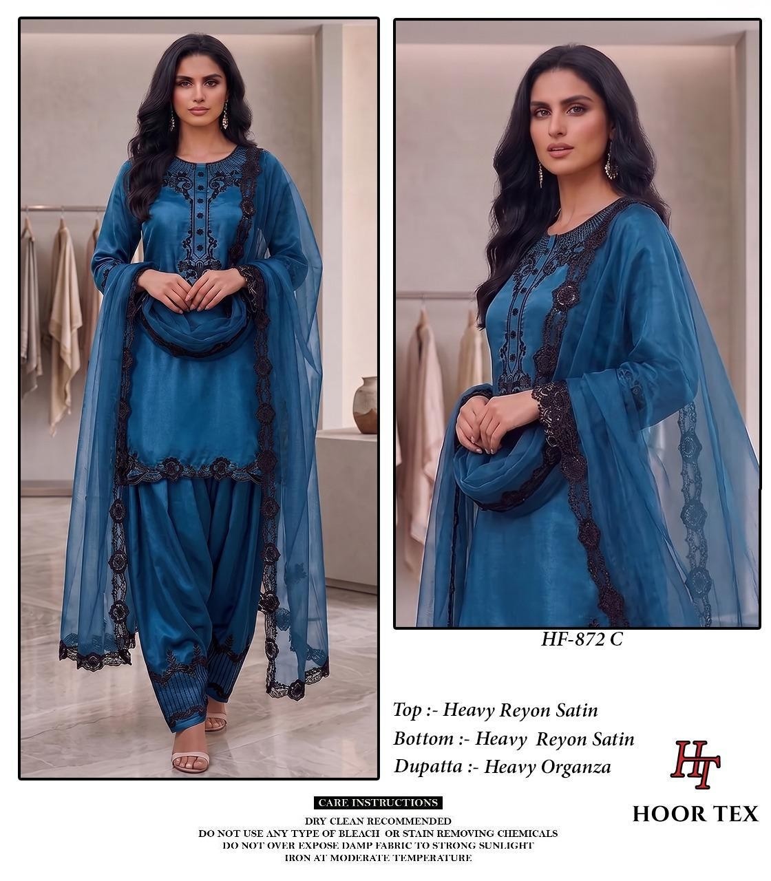 Pakistani Heavy Reyon Satin Full Stitched Suit with Organza Dupatta – Hoor Tex HF 872