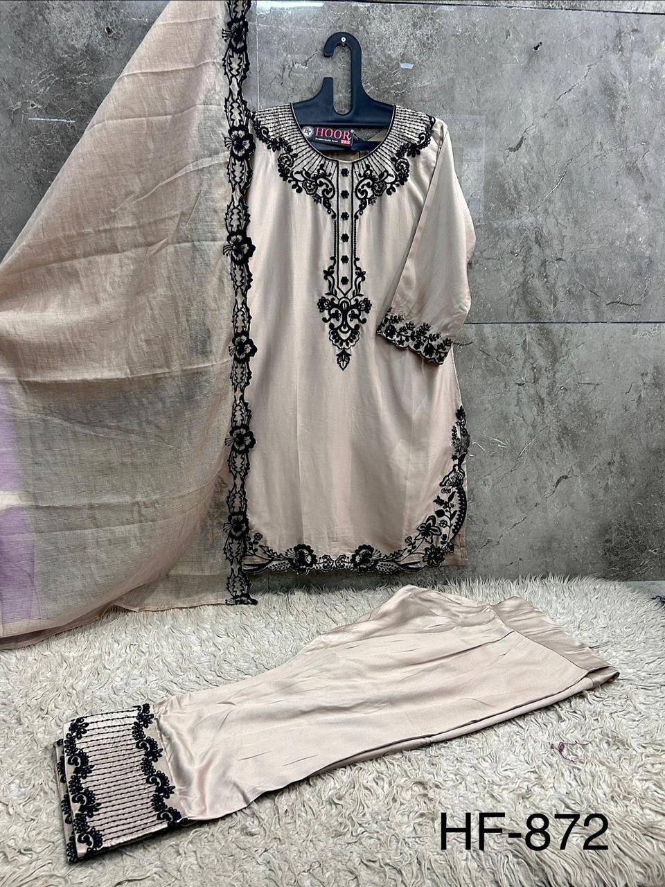 Pakistani Heavy Reyon Satin Full Stitched Suit with Organza Dupatta – Hoor Tex HF 872