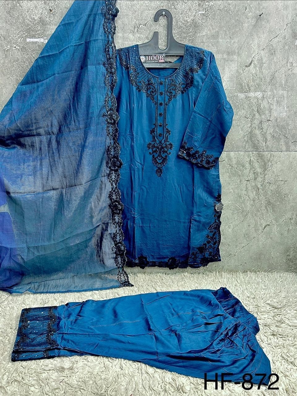 Pakistani Heavy Reyon Satin Full Stitched Suit with Organza Dupatta – Hoor Tex HF 872
