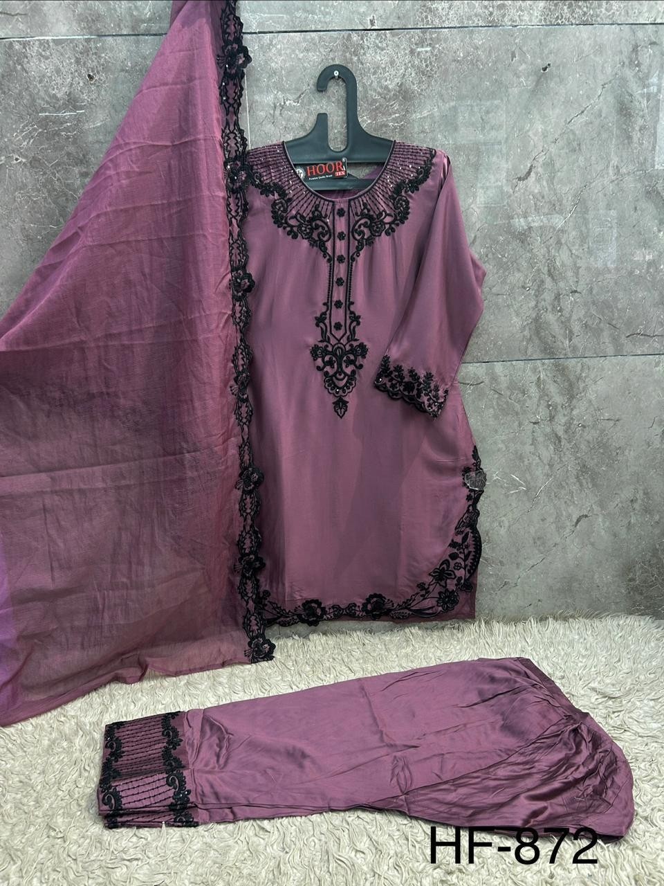 Pakistani Heavy Reyon Satin Full Stitched Suit with Organza Dupatta – Hoor Tex HF 872