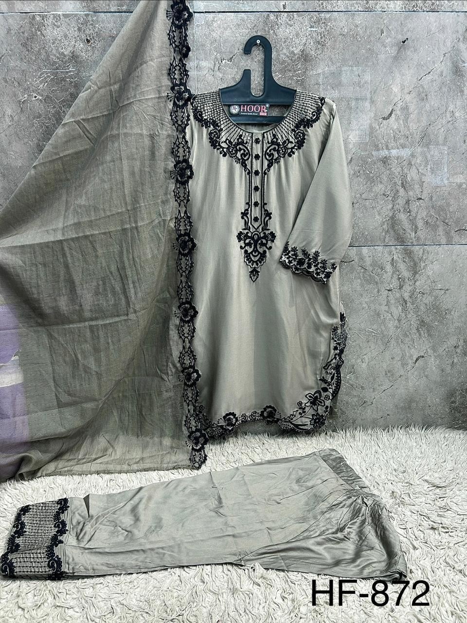 Pakistani Heavy Reyon Satin Full Stitched Suit with Organza Dupatta – Hoor Tex HF 872