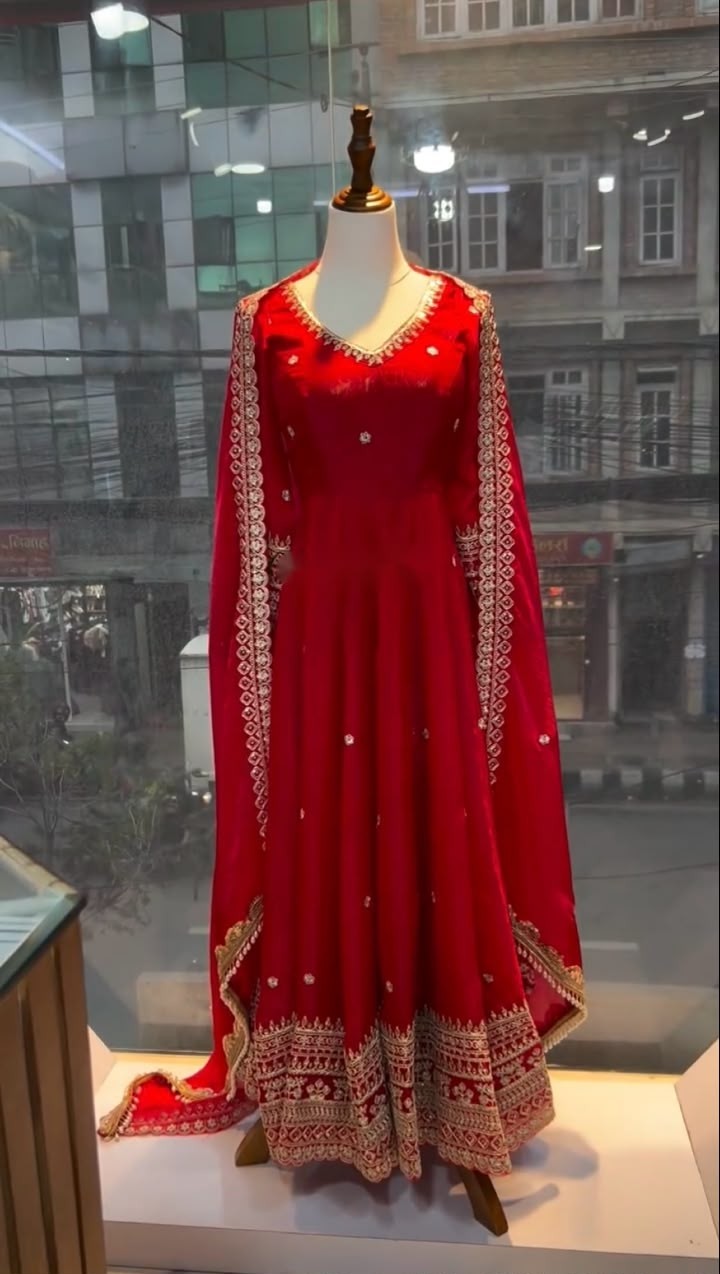 Party wear and wedding Pure Fendy Silk Embroidered Gown Pant Dupatta Set - FD 806