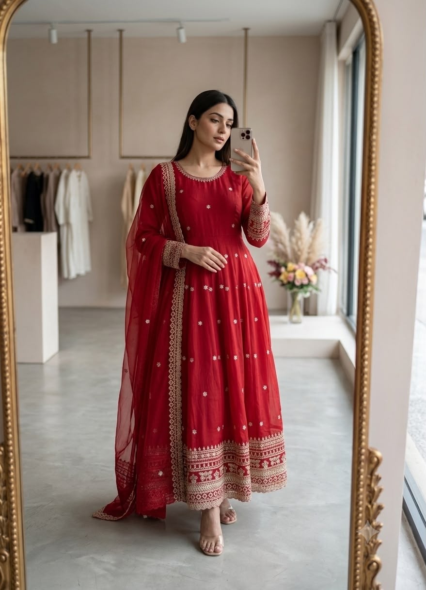 Party wear and wedding Pure Fendy Silk Embroidered Gown Pant Dupatta Set - FD 806