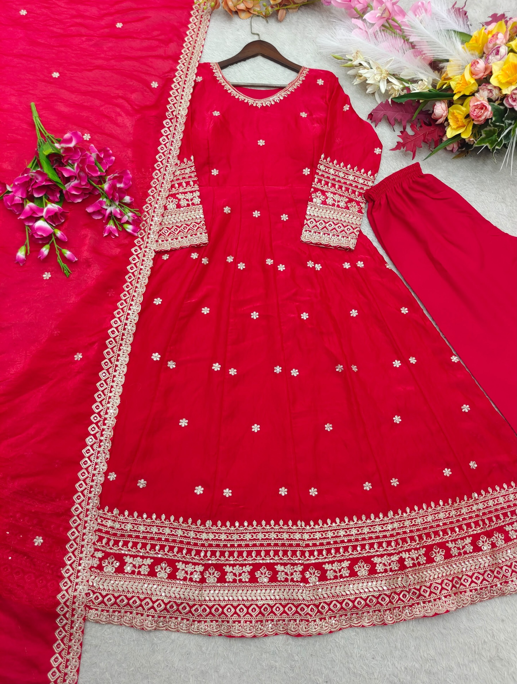 Party wear and wedding Pure Fendy Silk Embroidered Gown Pant Dupatta Set - FD 806