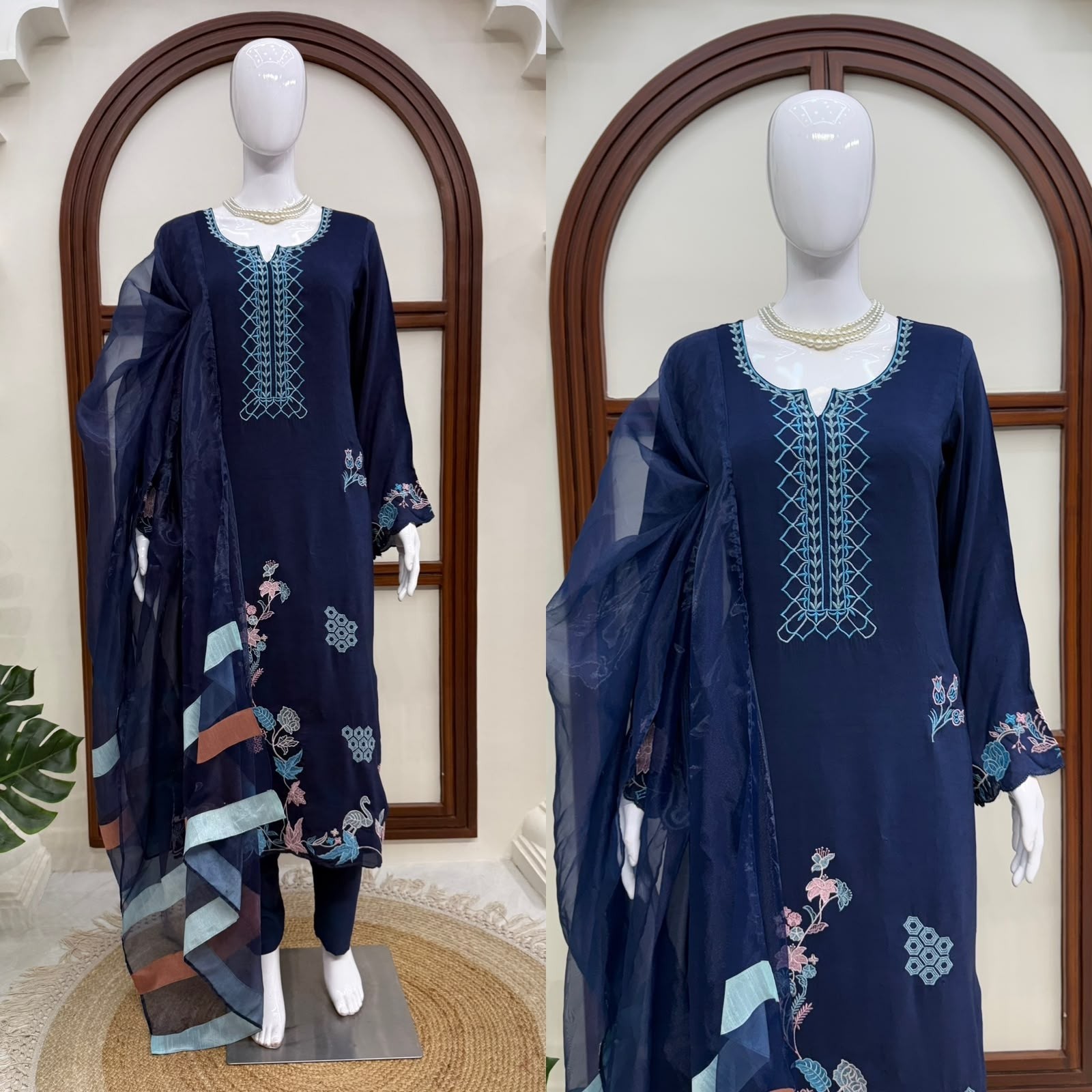 Premium Jura Silk Thread Work Kaftan With Pant & Organza Dupatta – 6053