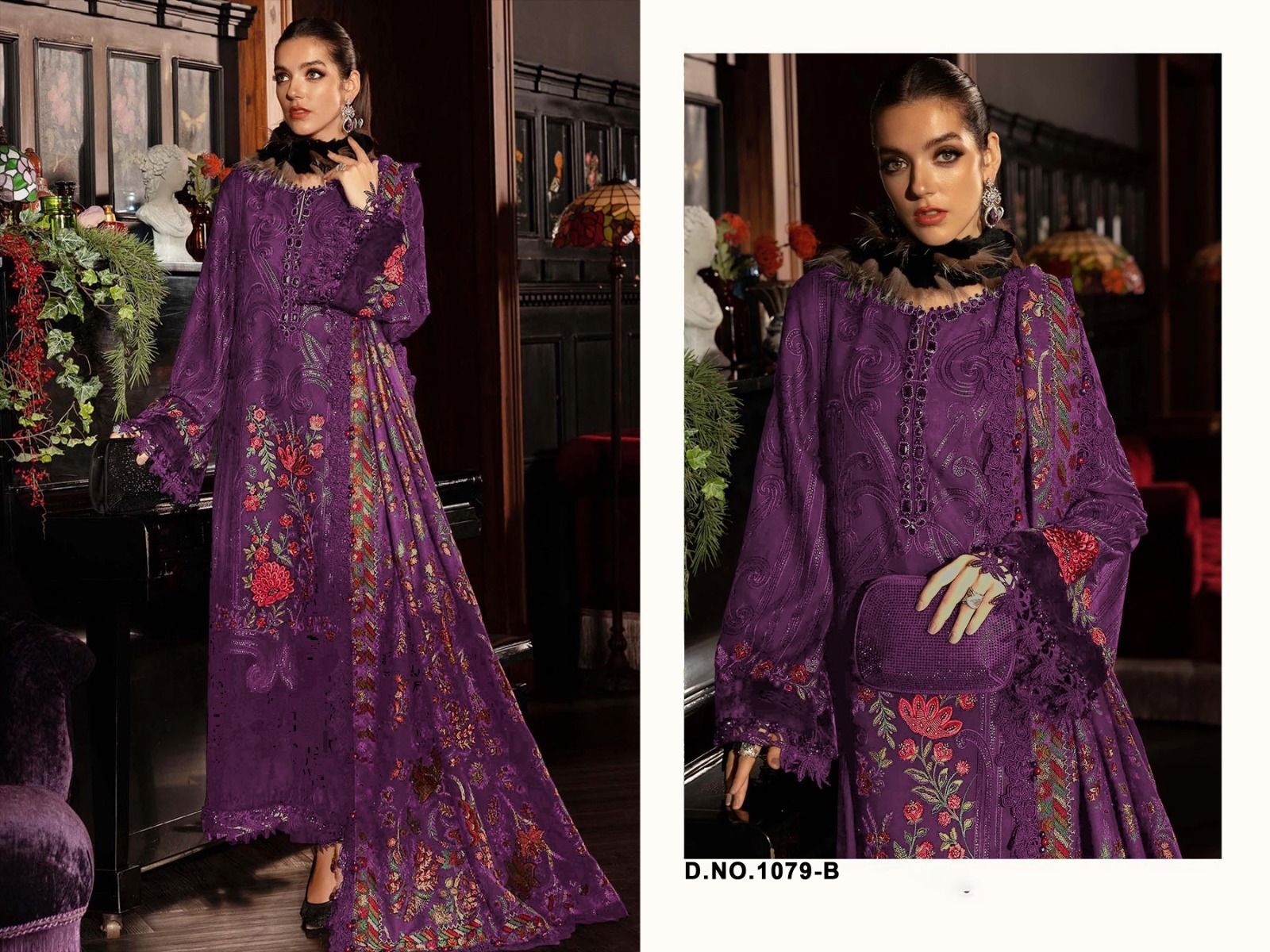 Florent Cambric Cotton Heavy Embroidery 3-Piece Suit with Maslin Digital Print Dupatta – D No. 1079 Pakistani Suit Single Wholesale Price 