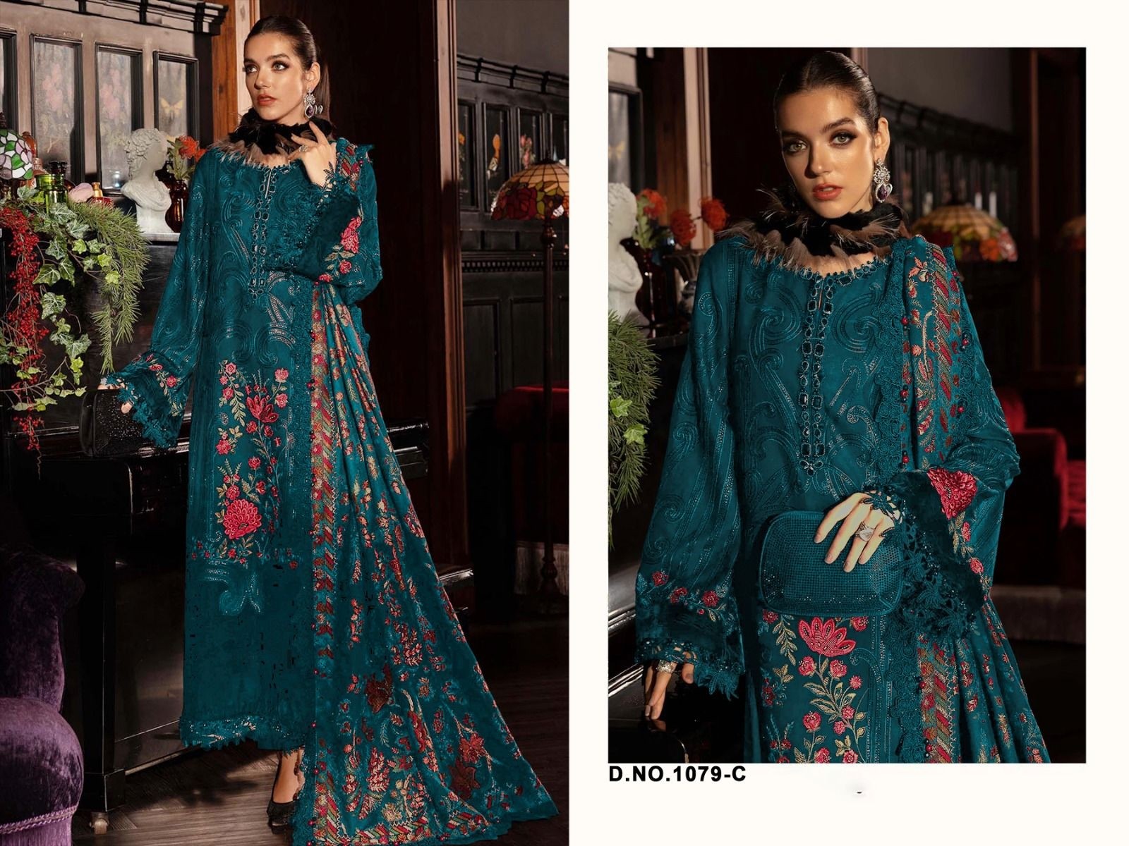 Florent Cambric Cotton Heavy Embroidery 3-Piece Suit with Maslin Digital Print Dupatta – D No. 1079 Pakistani Suit Single Wholesale Price 