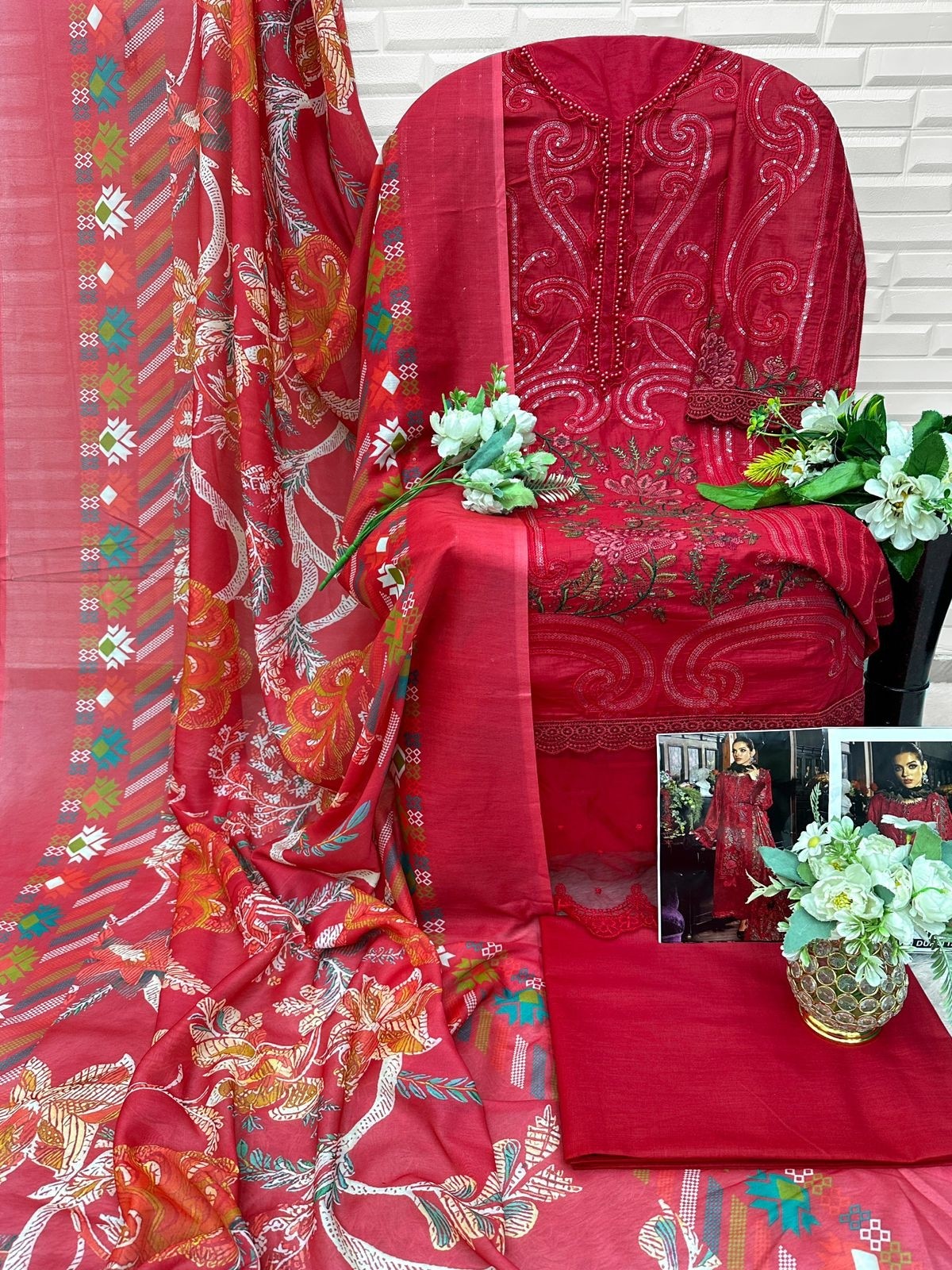 Florent Cambric Cotton Heavy Embroidery 3-Piece Suit with Maslin Digital Print Dupatta – D No. 1079 Pakistani Suit Single Wholesale Price 