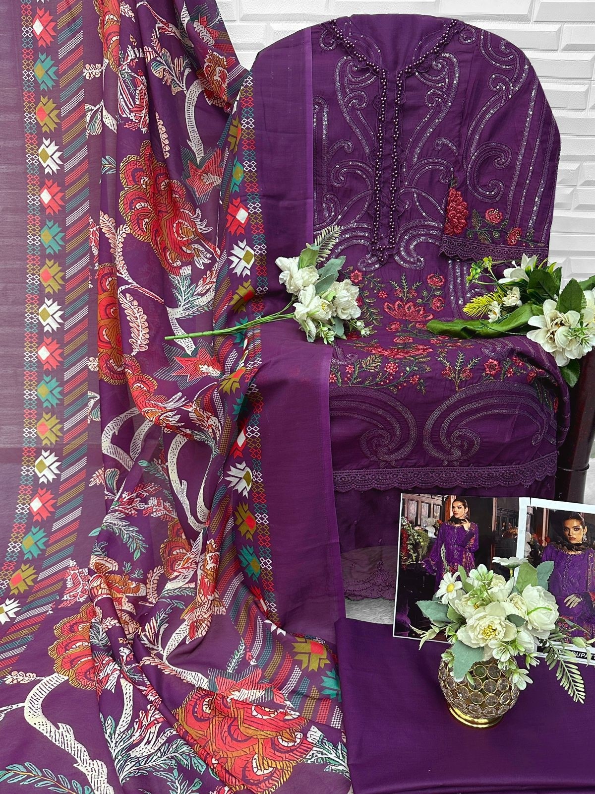Florent Cambric Cotton Heavy Embroidery 3-Piece Suit with Maslin Digital Print Dupatta – D No. 1079 Pakistani Suit Single Wholesale Price 