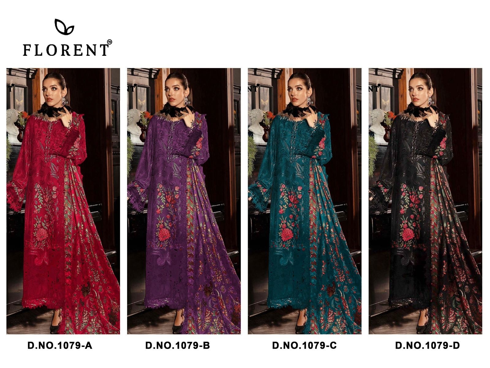 Florent Cambric Cotton Heavy Embroidery 3-Piece Suit with Maslin Digital Print Dupatta – D No. 1079 Pakistani Suit Single Wholesale Price 