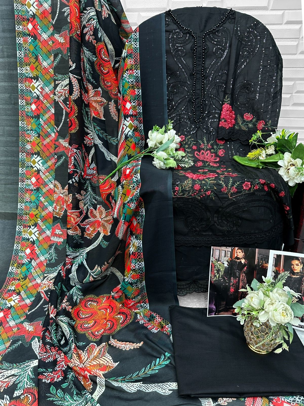 Florent Cambric Cotton Heavy Embroidery 3-Piece Suit with Maslin Digital Print Dupatta – D No. 1079 Pakistani Suit Single Wholesale Price 