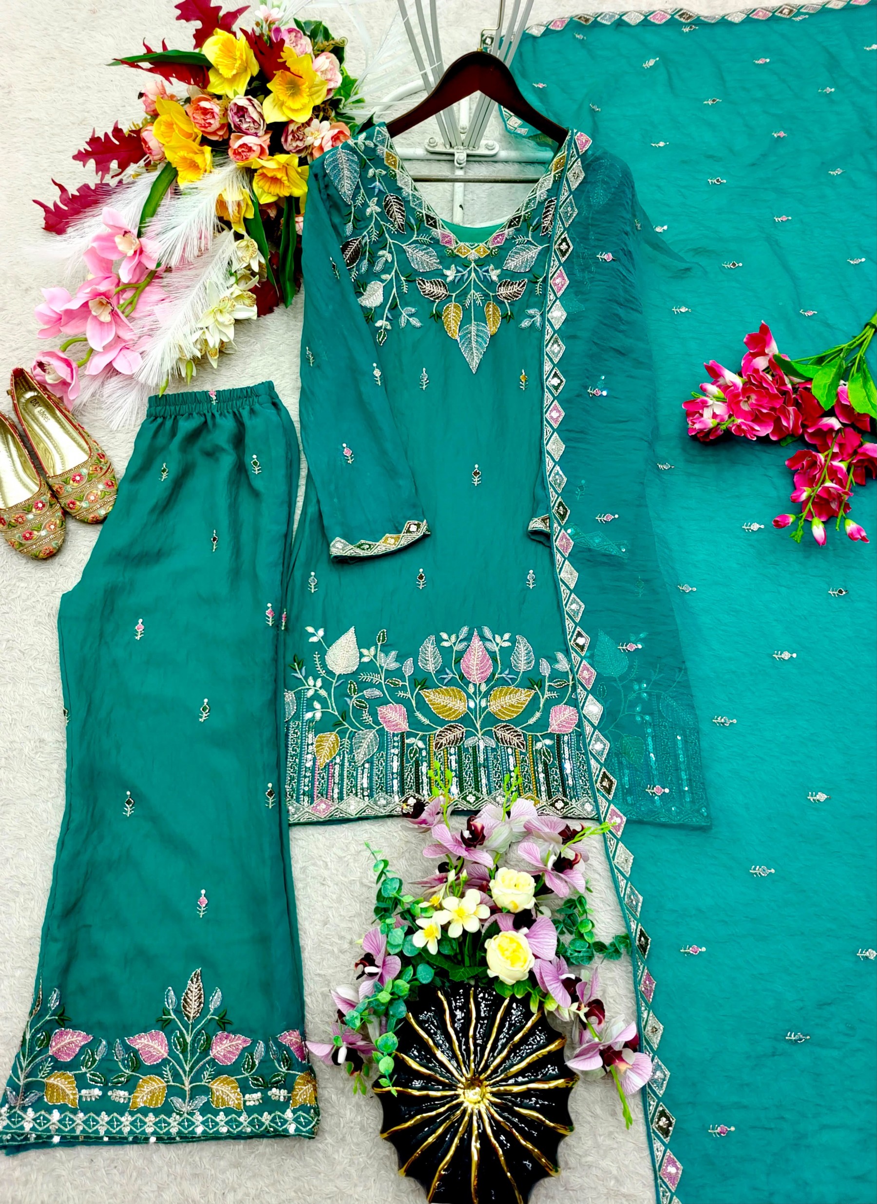 NC Moss Silk Embroidered Top Palazzo Dupatta Set – WW 1275 Pakistani Readymade Suit single wholesale price 
