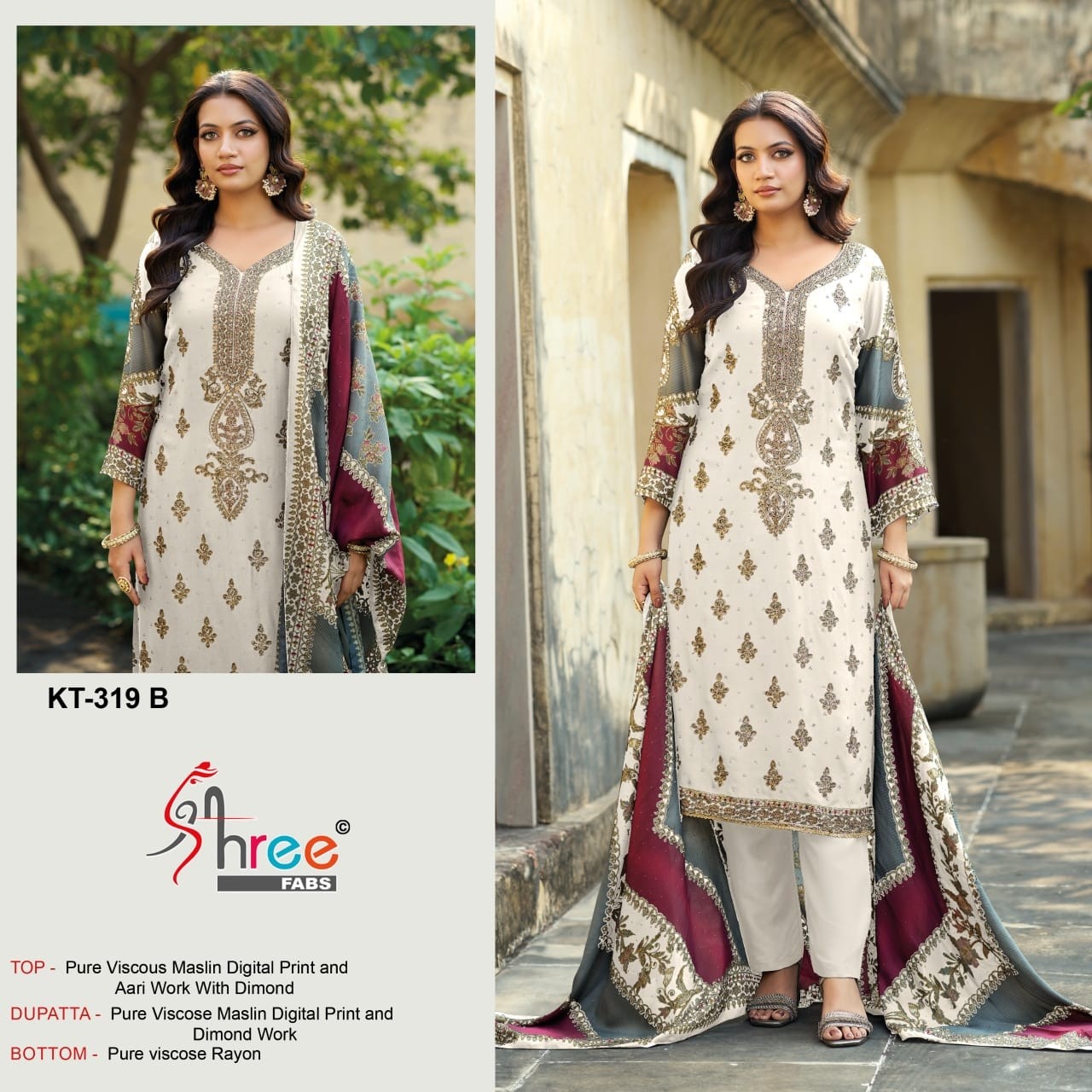 Pure Viscose Maslin Digital Print Aari Diamond Work Suit Set – KT-319 Pakistani Suit Single Wholesale Price 