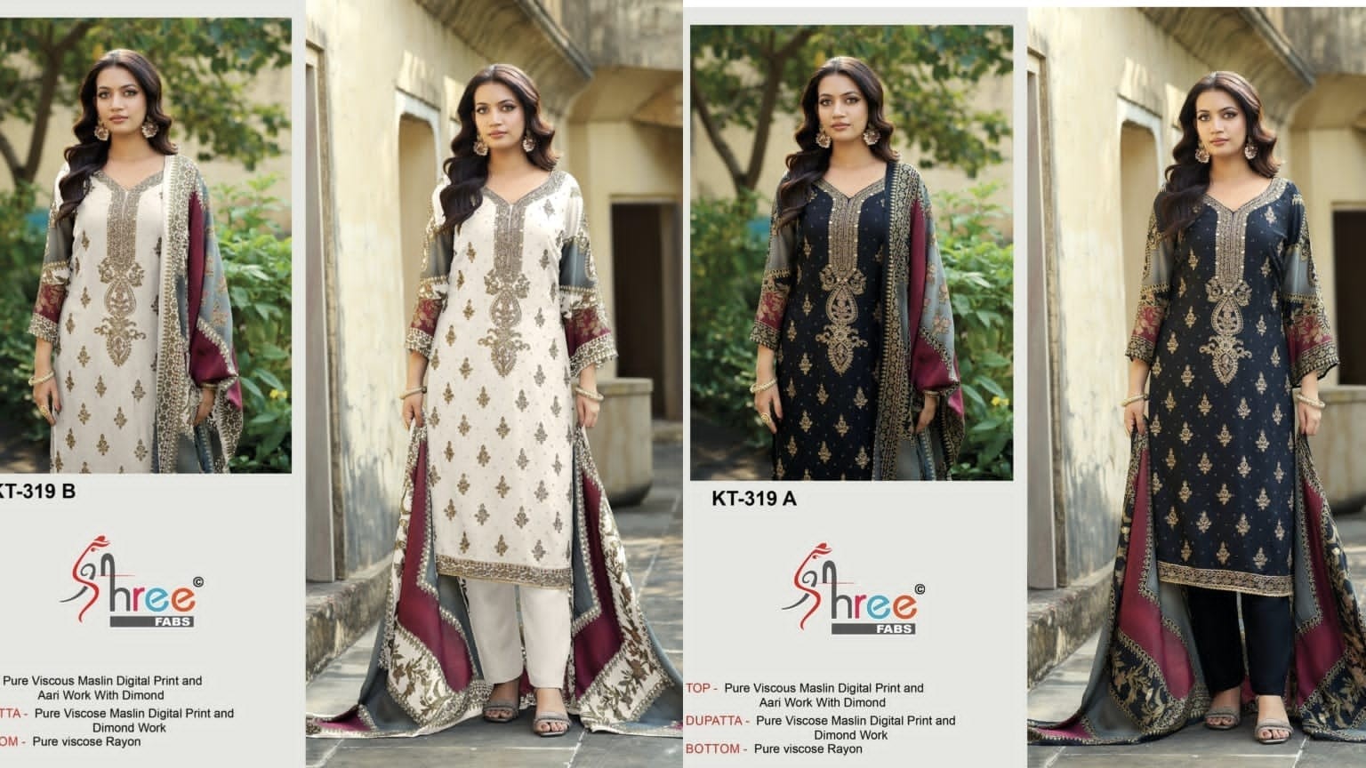 Pure Viscose Maslin Digital Print Aari Diamond Work Suit Set – KT-319 Pakistani Suit Single Wholesale Price 