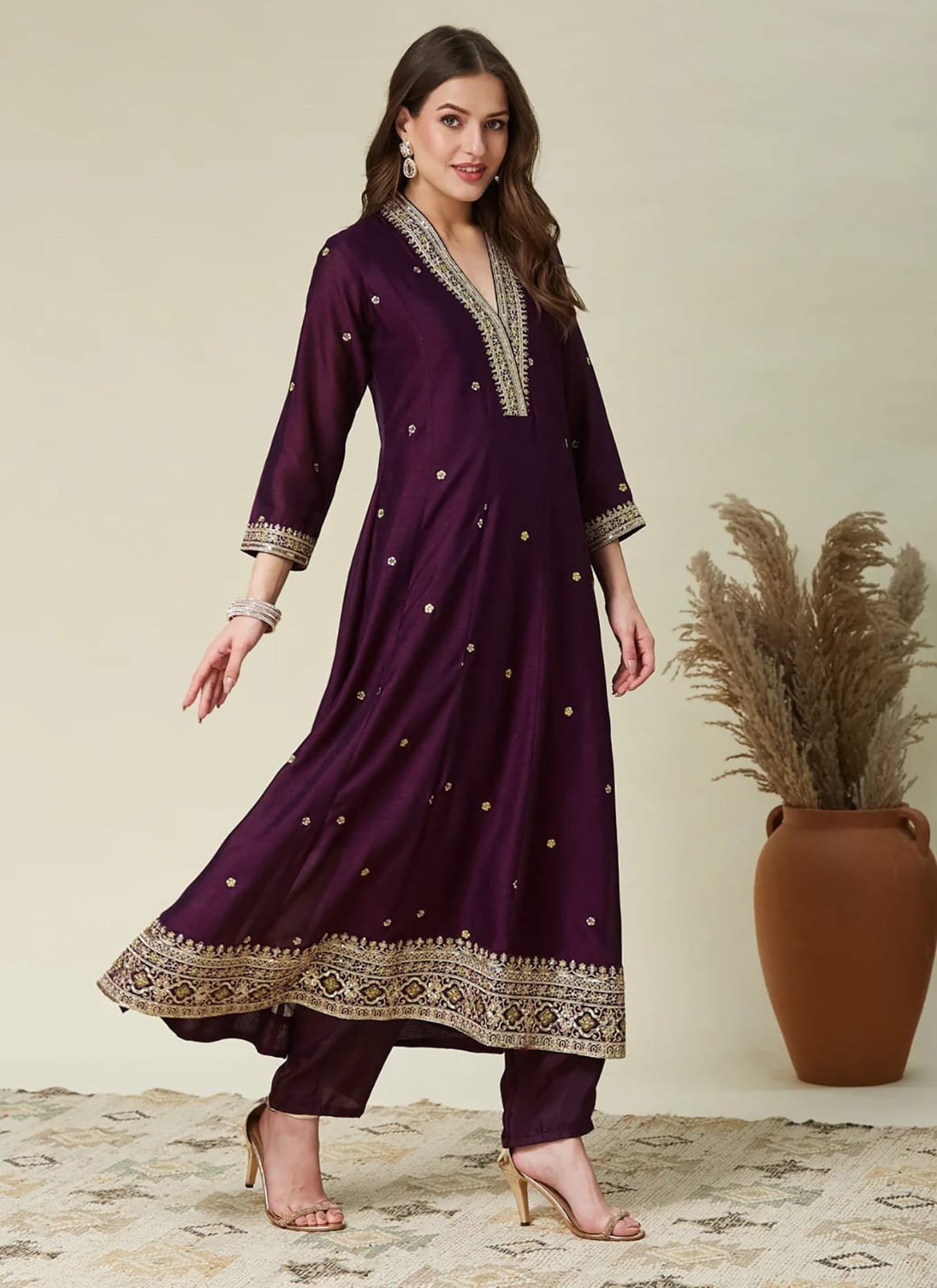 Aarya Vichitra Embroidered Kurta Pant Dupatta Suit Set – Beige & Wine