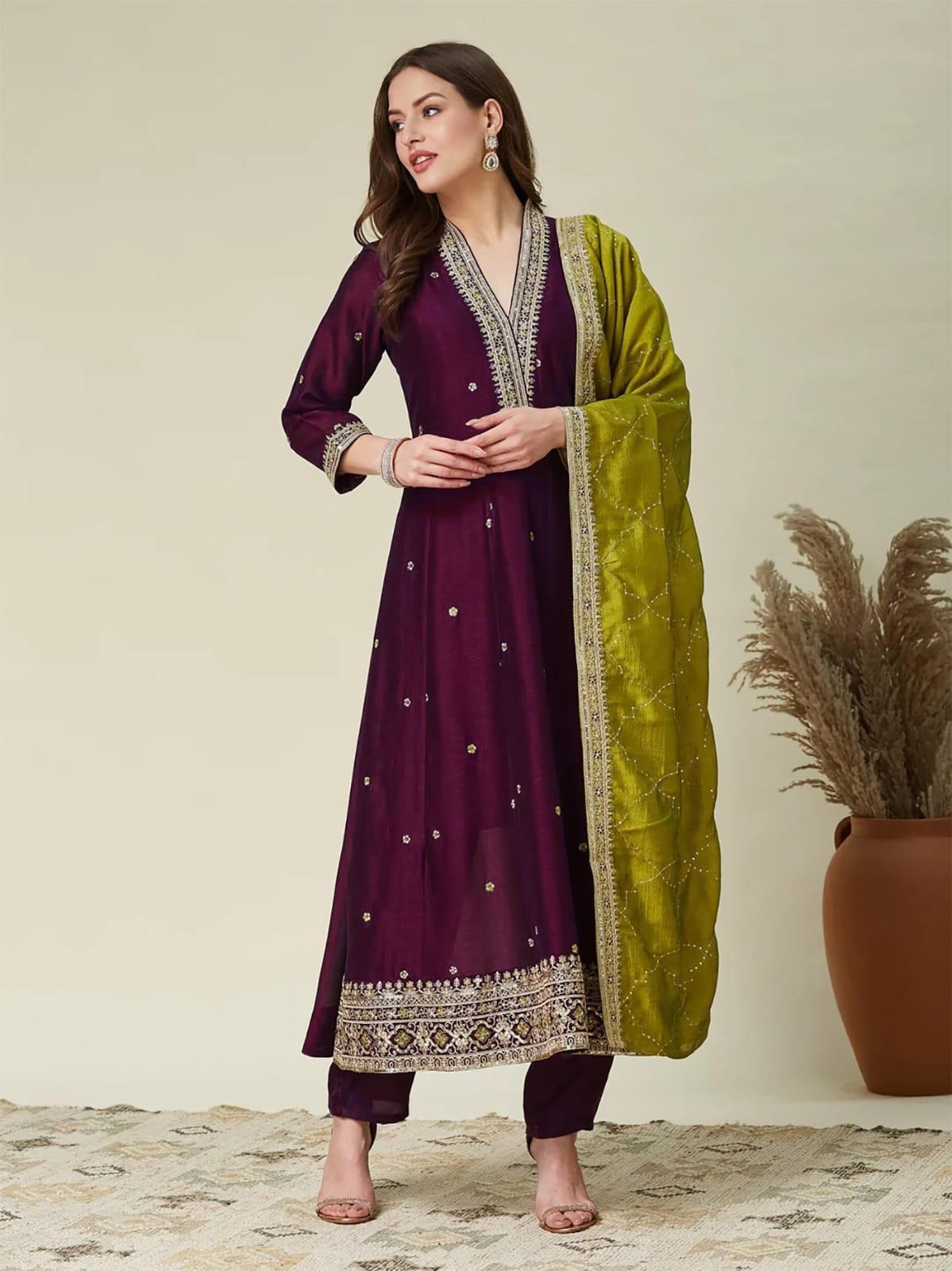 Aarya Vichitra Embroidered Kurta Pant Dupatta Suit Set – Beige & Wine