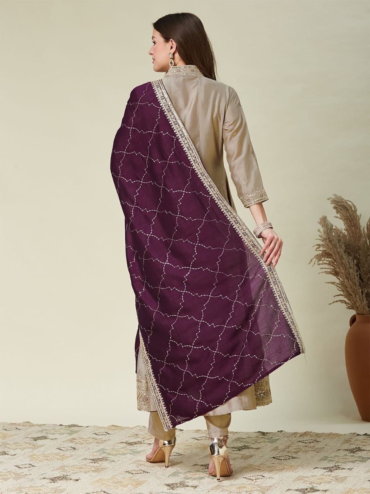 Aarya Vichitra Embroidered Kurta Pant Dupatta Suit Set – Beige & Wine