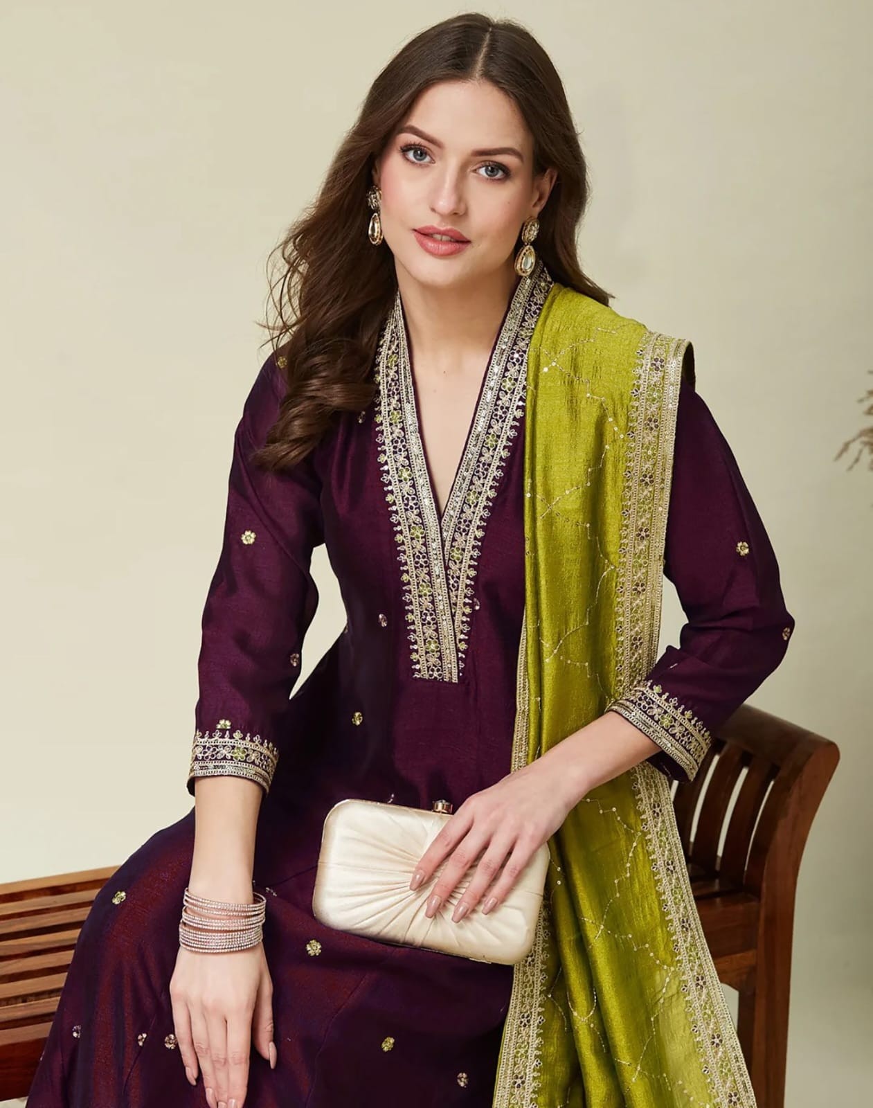Aarya Vichitra Embroidered Kurta Pant Dupatta Suit Set – Beige & Wine