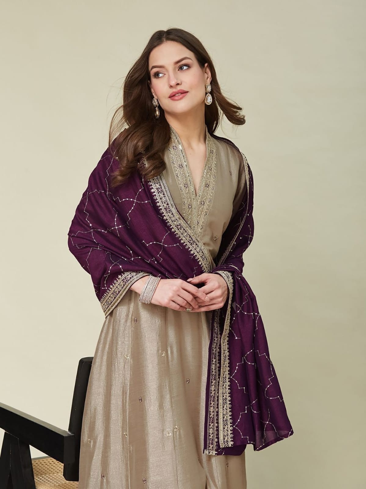 Aarya Vichitra Embroidered Kurta Pant Dupatta Suit Set – Beige & Wine