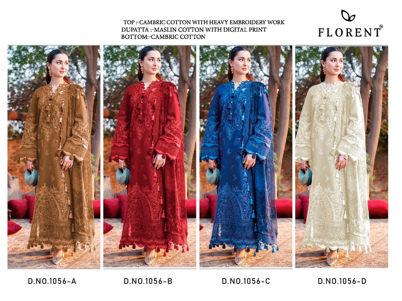 Florent Cambric Cotton Heavy Embroidered Suit Set – 1056ABCD Pakistani Suit Single Wholesale Price 