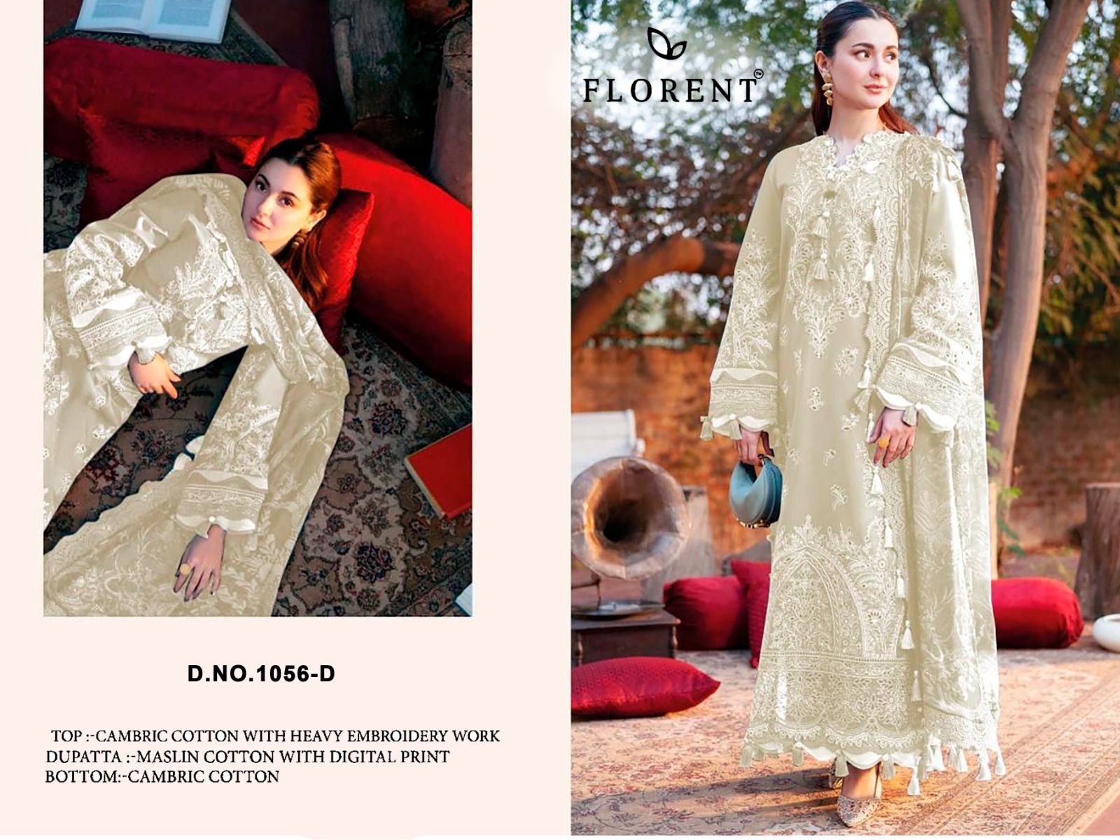 Florent Cambric Cotton Heavy Embroidered Suit Set – 1056ABCD Pakistani Suit Single Wholesale Price 