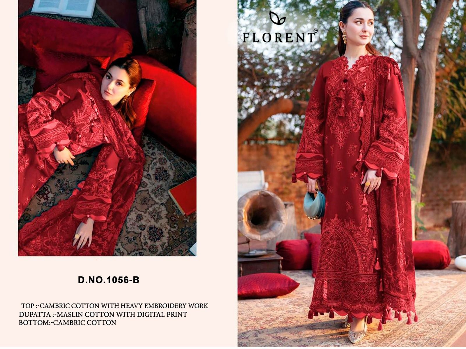 Florent Cambric Cotton Heavy Embroidered Suit Set – 1056ABCD Pakistani Suit Single Wholesale Price 