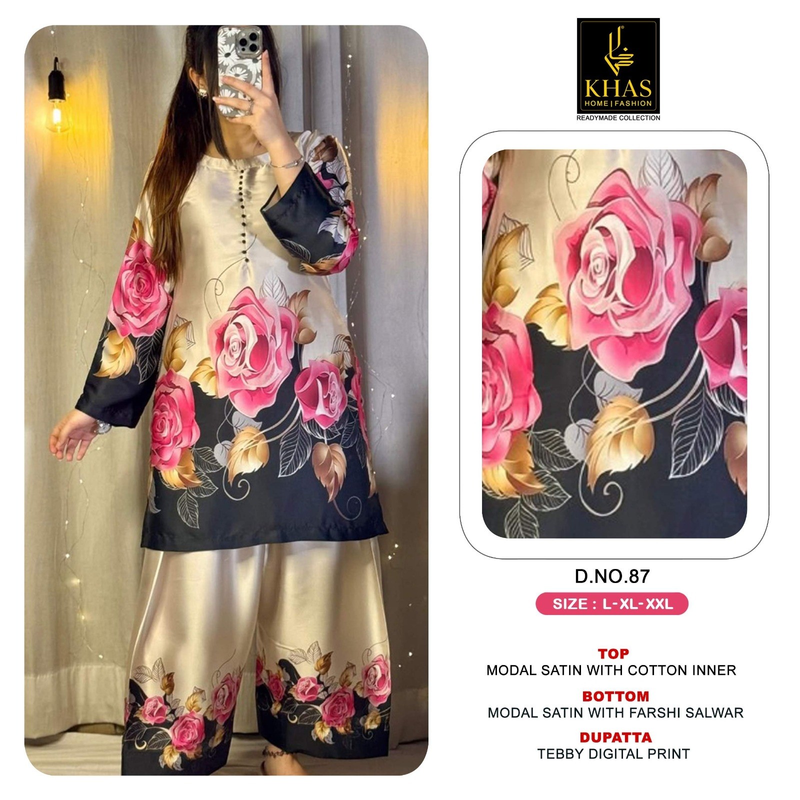Khas D.No - 80-81-82-83-84-85-86-87 New Designer Modal Satin 3 Piece Suit with Farshi Salwar Pakistani Readymade Suit Set to Set Wholesale Price 