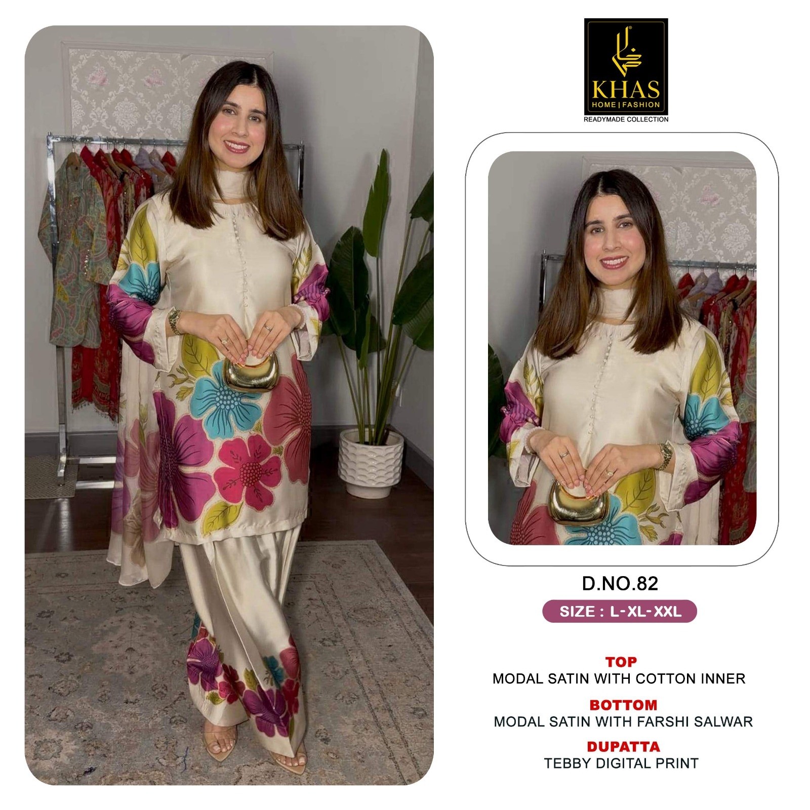 Khas D.No - 80-81-82-83-84-85-86-87 New Designer Modal Satin 3 Piece Suit with Farshi Salwar Pakistani Readymade Suit Set to Set Wholesale Price 