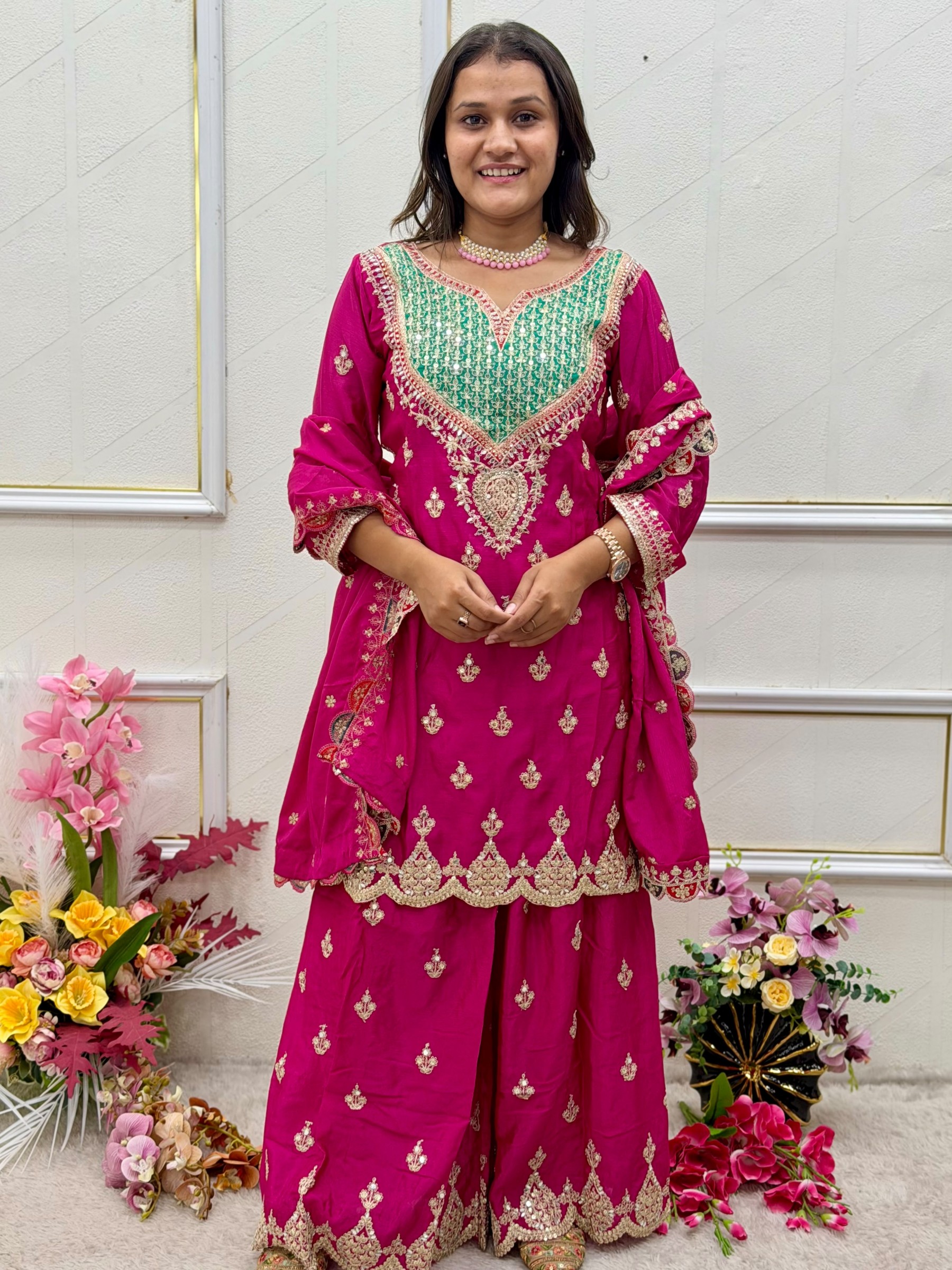 Designer Party Wear Chinon Silk Sharara Suit with Embroidered Dupatta – WW-G 6000 Pakistani Readymade Suit single wholesale price 