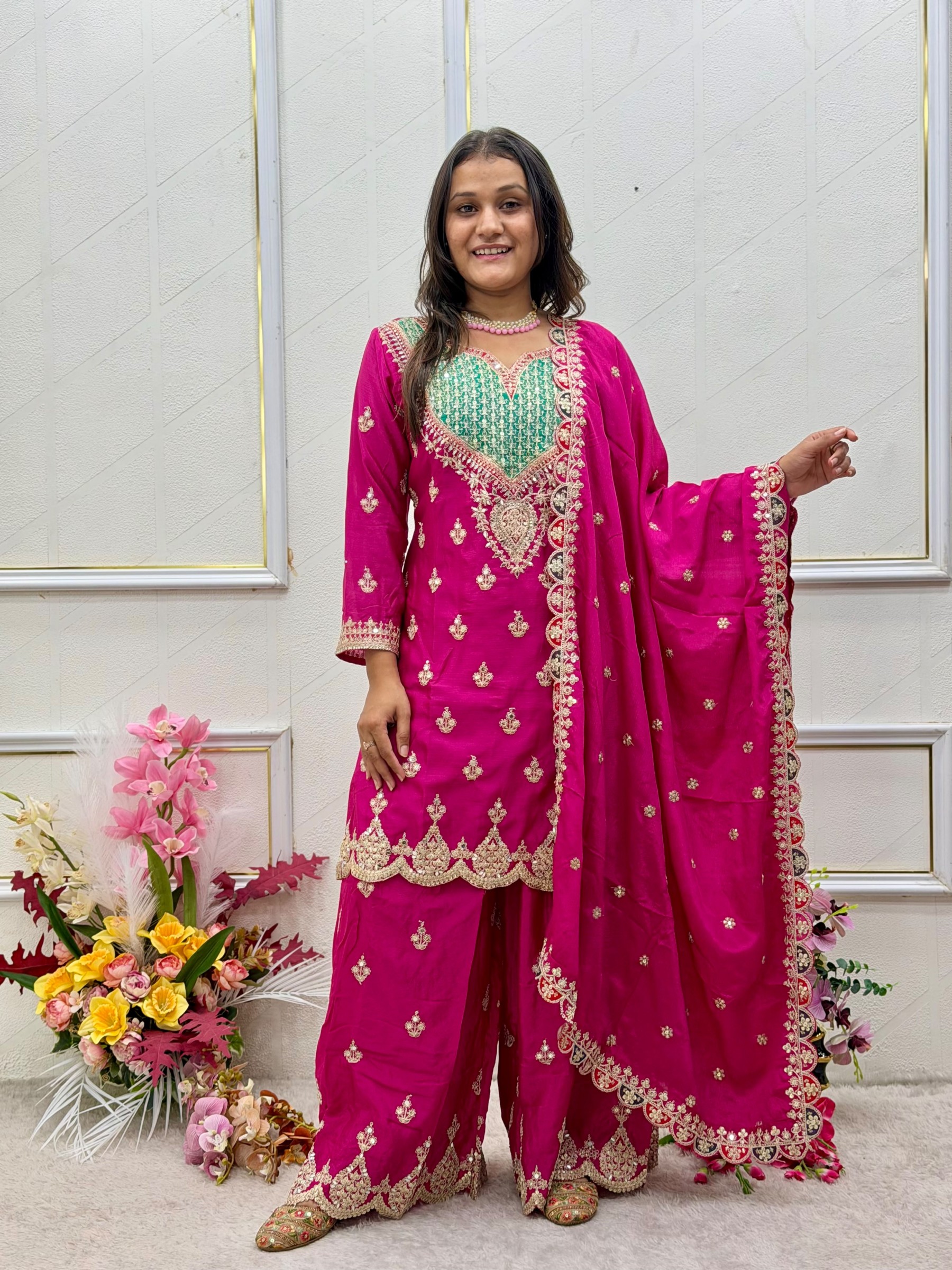 Designer Party Wear Chinon Silk Sharara Suit with Embroidered Dupatta – WW-G 6000 Pakistani Readymade Suit single wholesale price 