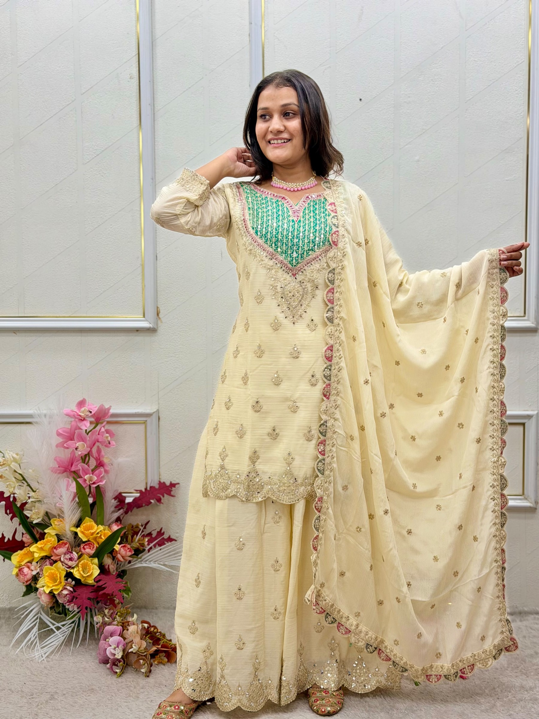 Designer Party Wear Chinon Silk Sharara Suit with Embroidered Dupatta – WW-G 6000 Pakistani Readymade Suit single wholesale price 