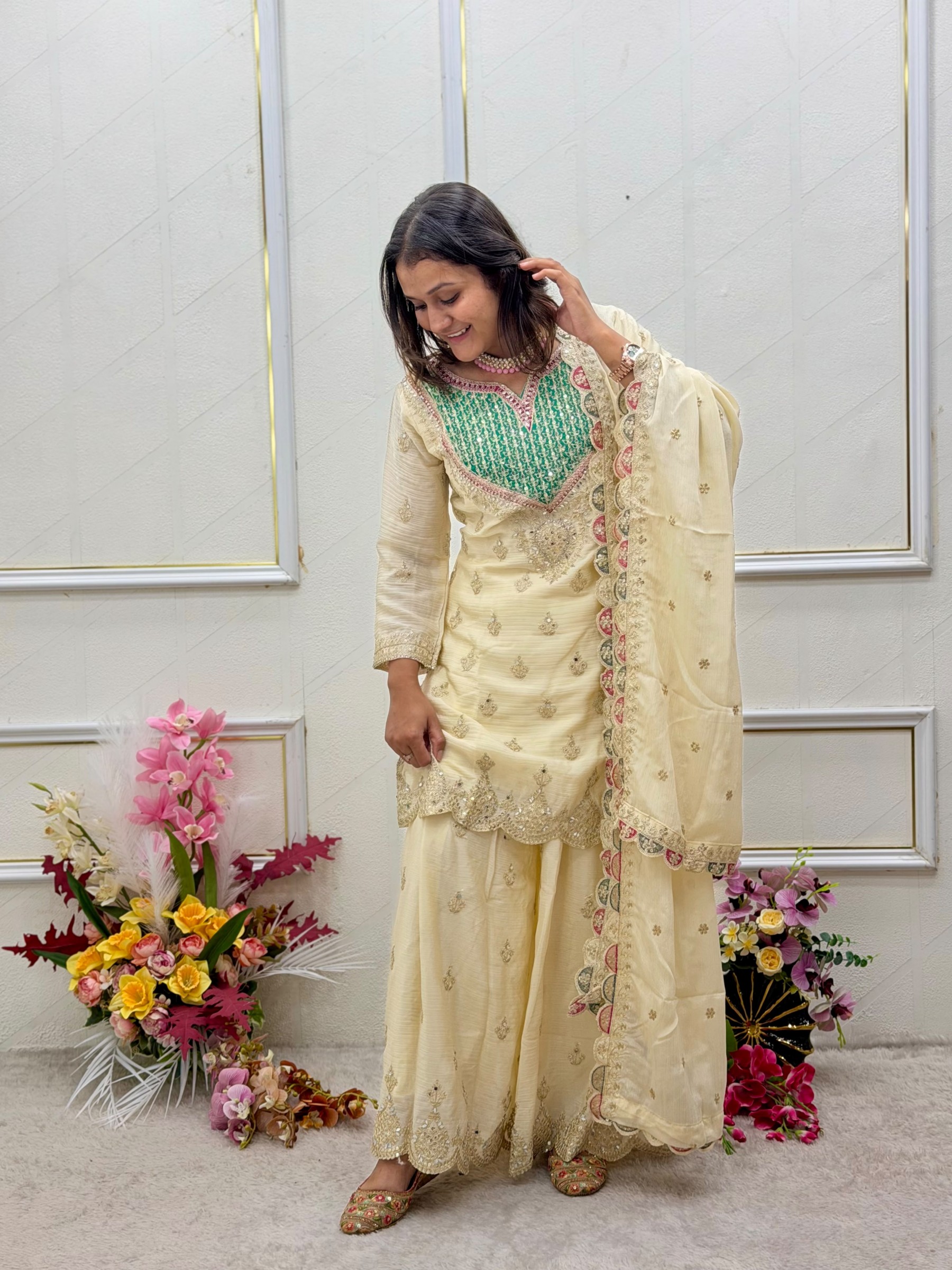 Designer Party Wear Chinon Silk Sharara Suit with Embroidered Dupatta – WW-G 6000 Pakistani Readymade Suit single wholesale price 