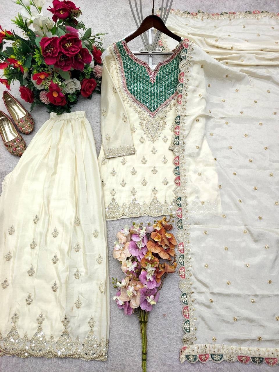 Designer Party Wear Chinon Silk Sharara Suit with Embroidered Dupatta – WW-G 6000 Pakistani Readymade Suit single wholesale price 