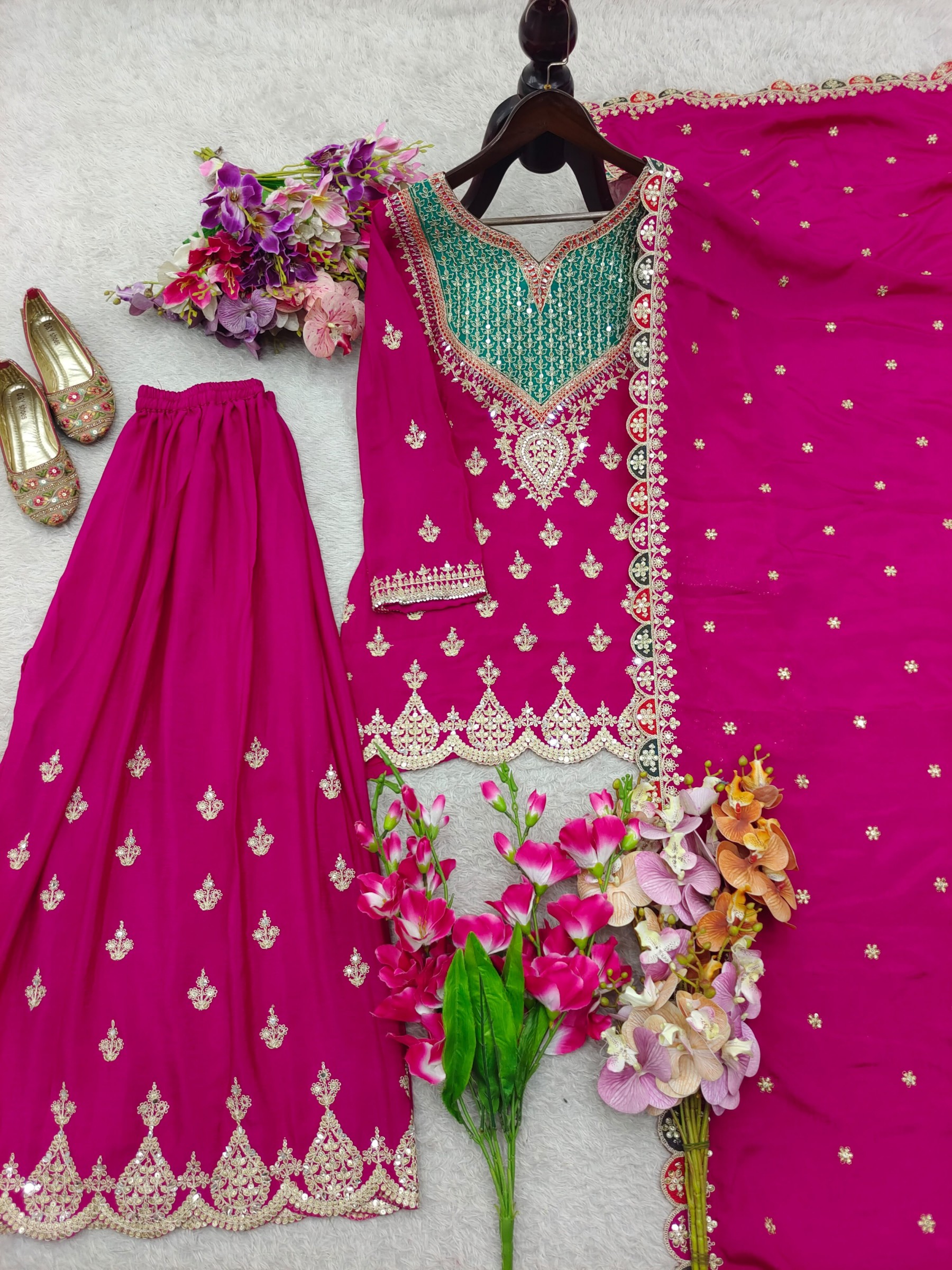 Designer Party Wear Chinon Silk Sharara Suit with Embroidered Dupatta – WW-G 6000 Pakistani Readymade Suit single wholesale price 