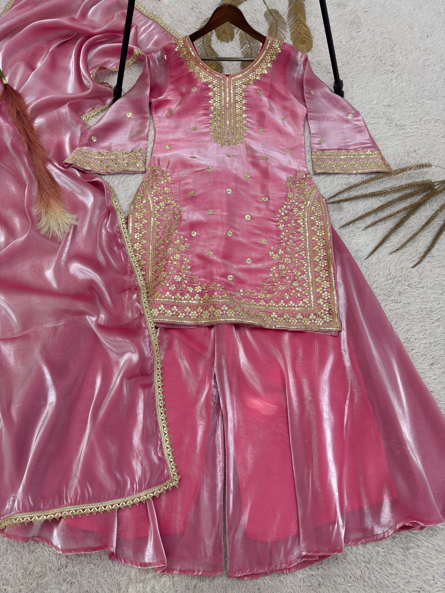 Premium Embroidered Gmy Silk Top Plazzo Dupatta Set – HK 1733