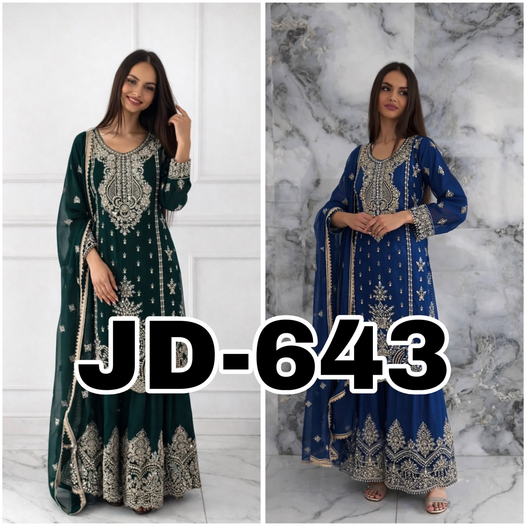 JD-643 Premium Embroidered Chinnon Silk Pakistani Sharara Suit Set Single Wholesale Price 