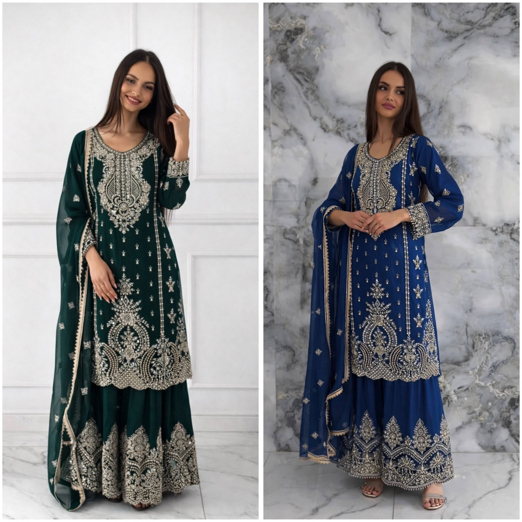 JD-643 Premium Embroidered Chinnon Silk Pakistani Sharara Suit Set Single Wholesale Price 