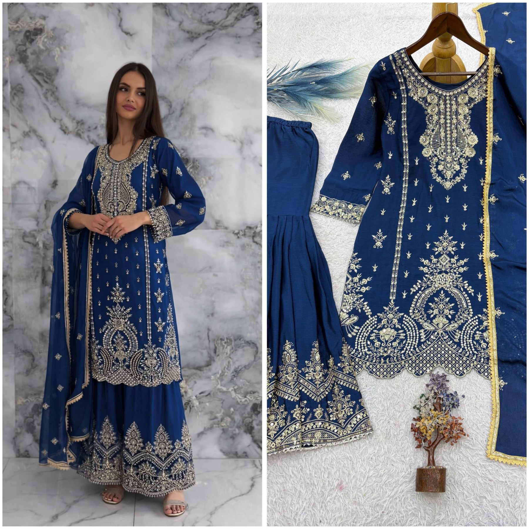 JD-643 Premium Embroidered Chinnon Silk Pakistani Sharara Suit Set Single Wholesale Price 