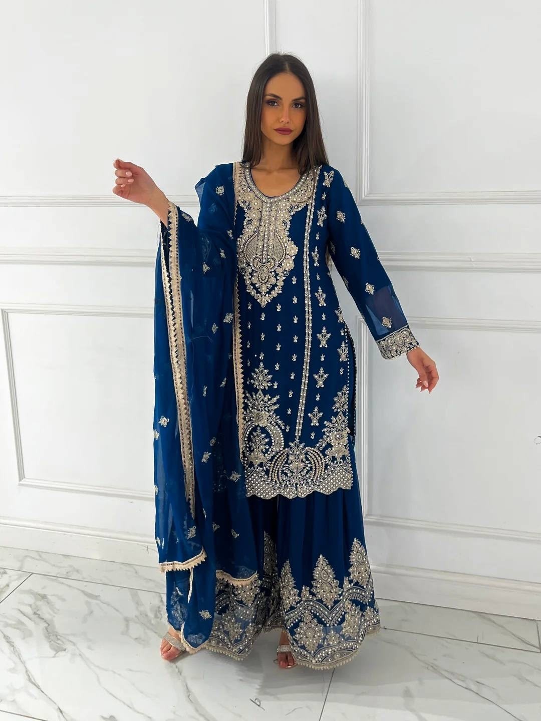 JD-643 Premium Embroidered Chinnon Silk Pakistani Sharara Suit Set Single Wholesale Price 