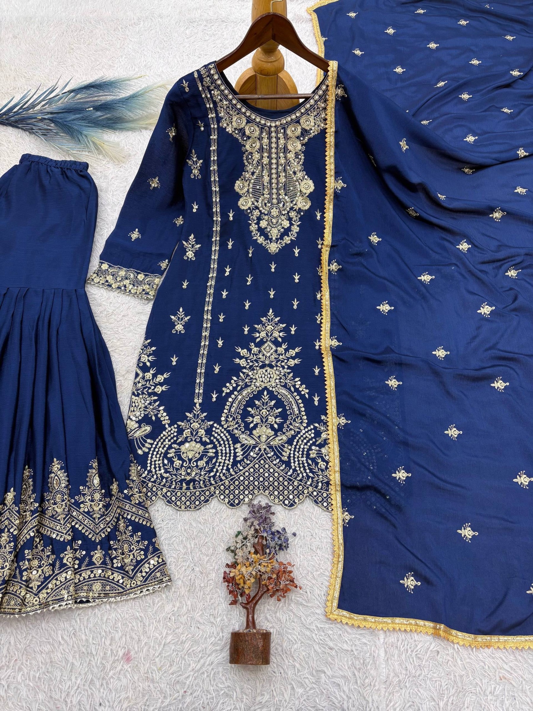 JD-643 Premium Embroidered Chinnon Silk Pakistani Sharara Suit Set Single Wholesale Price 