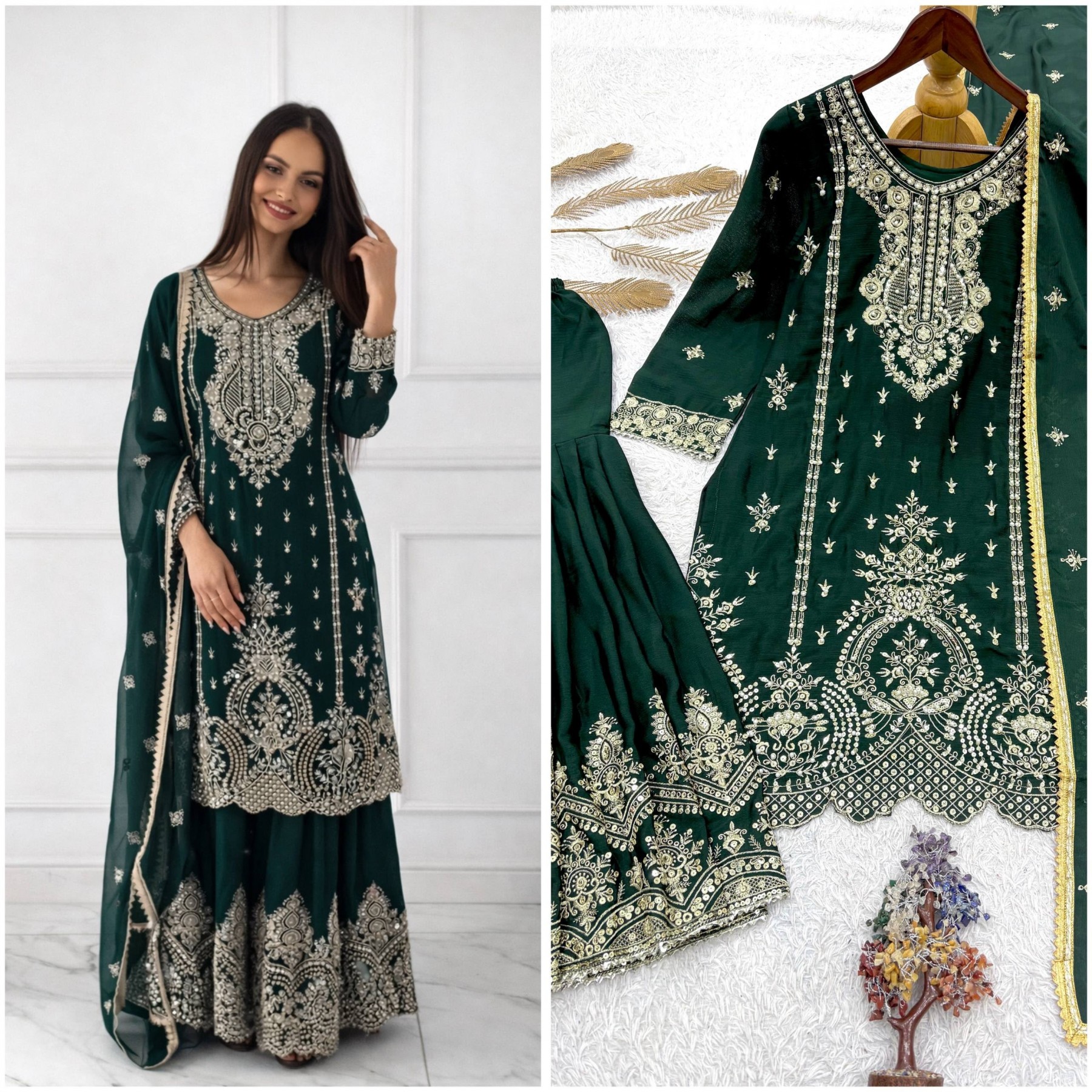 JD-643 Premium Embroidered Chinnon Silk Pakistani Sharara Suit Set Single Wholesale Price 