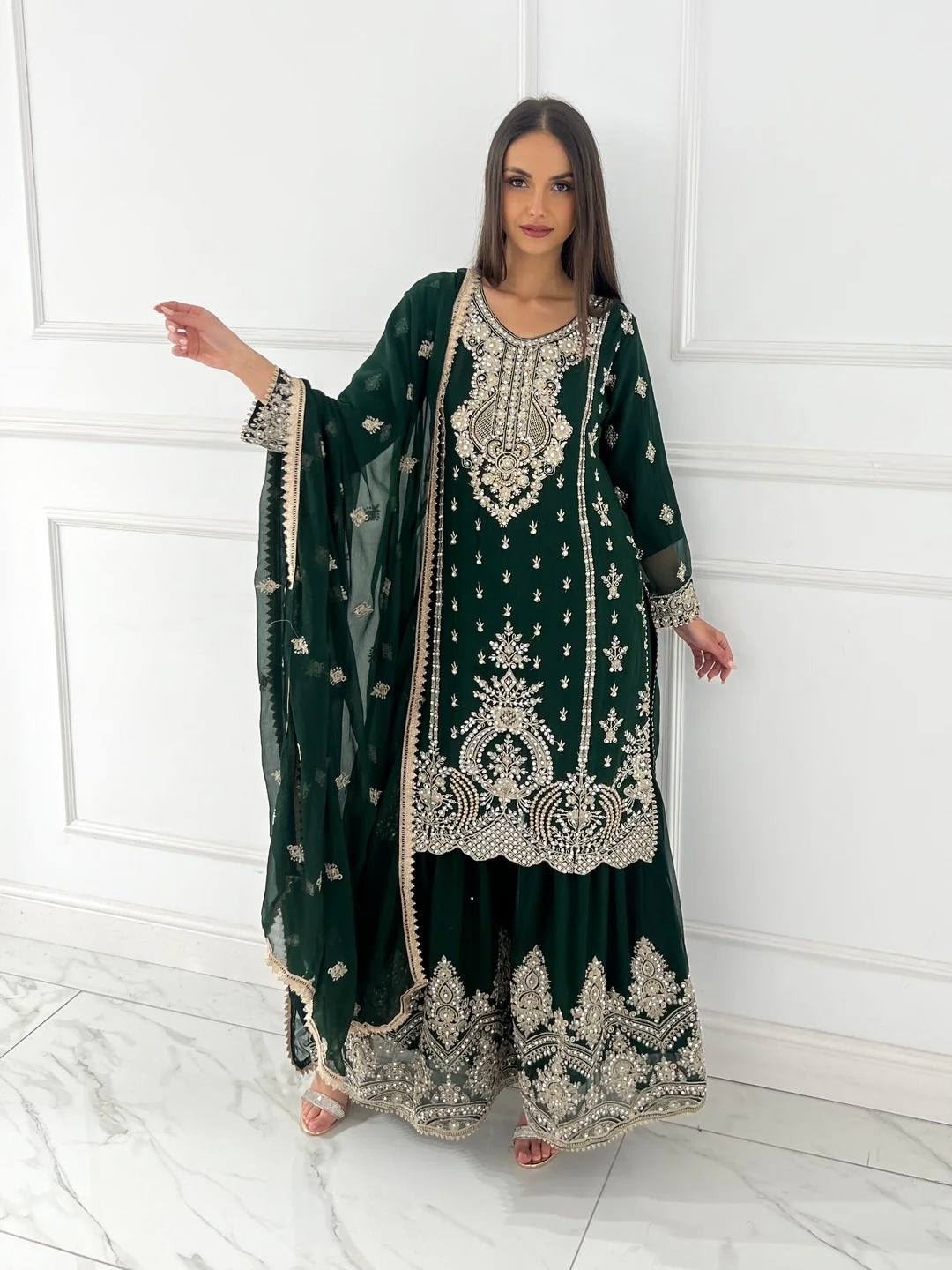 JD-643 Premium Embroidered Chinnon Silk Pakistani Sharara Suit Set Single Wholesale Price 
