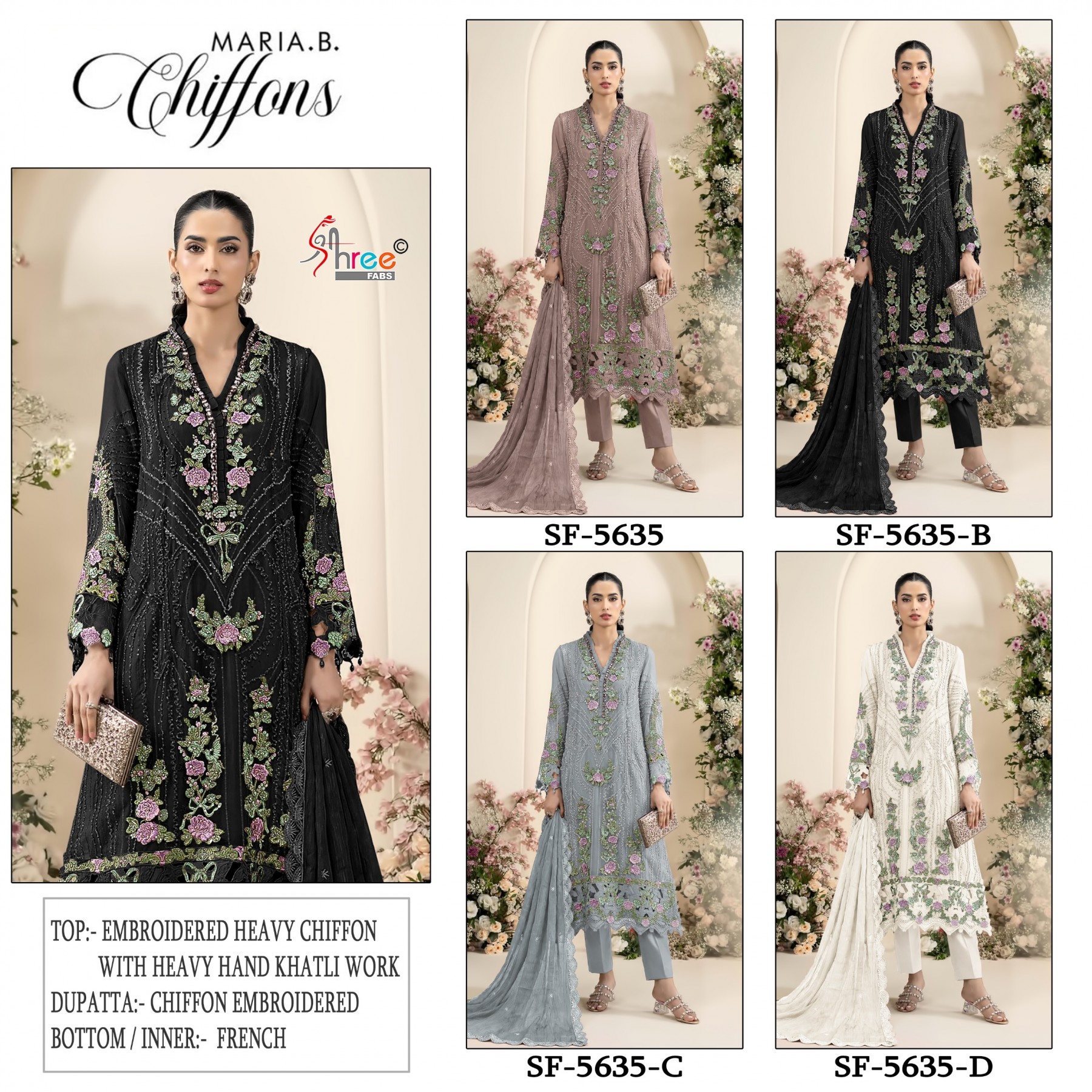 SF-5635 Premium Heavy Embroidered Chiffon 3 Piece Suit Pakistani Dress Set to Set Wholesale Price 