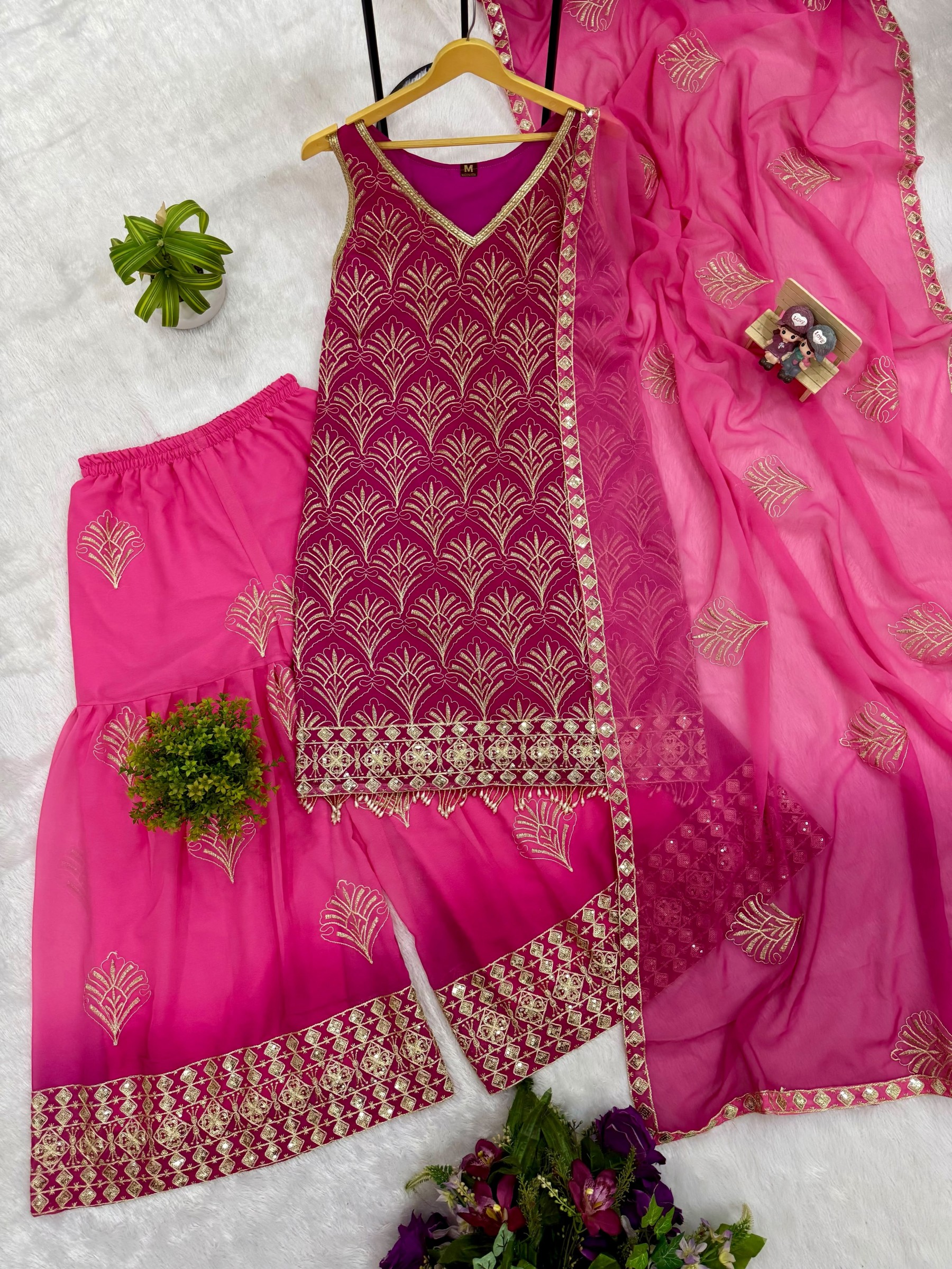 ST-1190 Premium Embroidered Printed Faux Georgette 3 Piece Kurti Palazzo & Dupatta Set Pakistani Suit Single Wholesale Price 