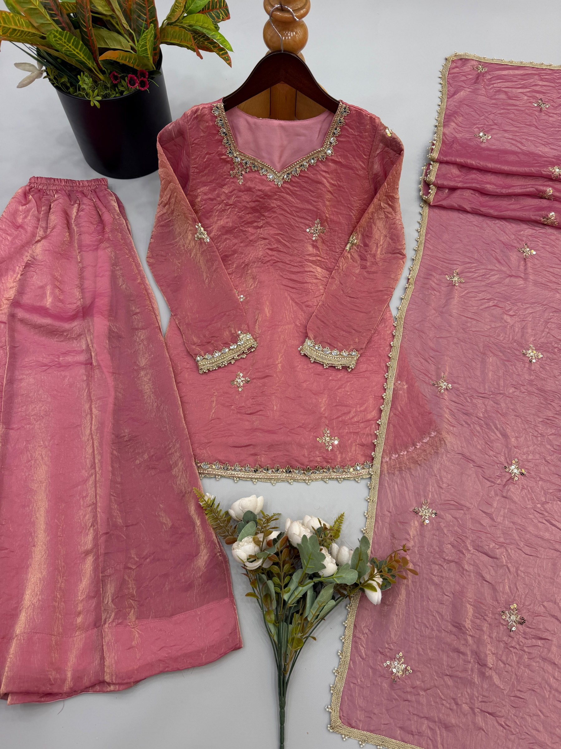 ZSR-3181 Premium Fendy Silk Embroidery Sequence & Real Mirror Work Sharara Plazzo Pakistani Suit Single Wholesale Price 