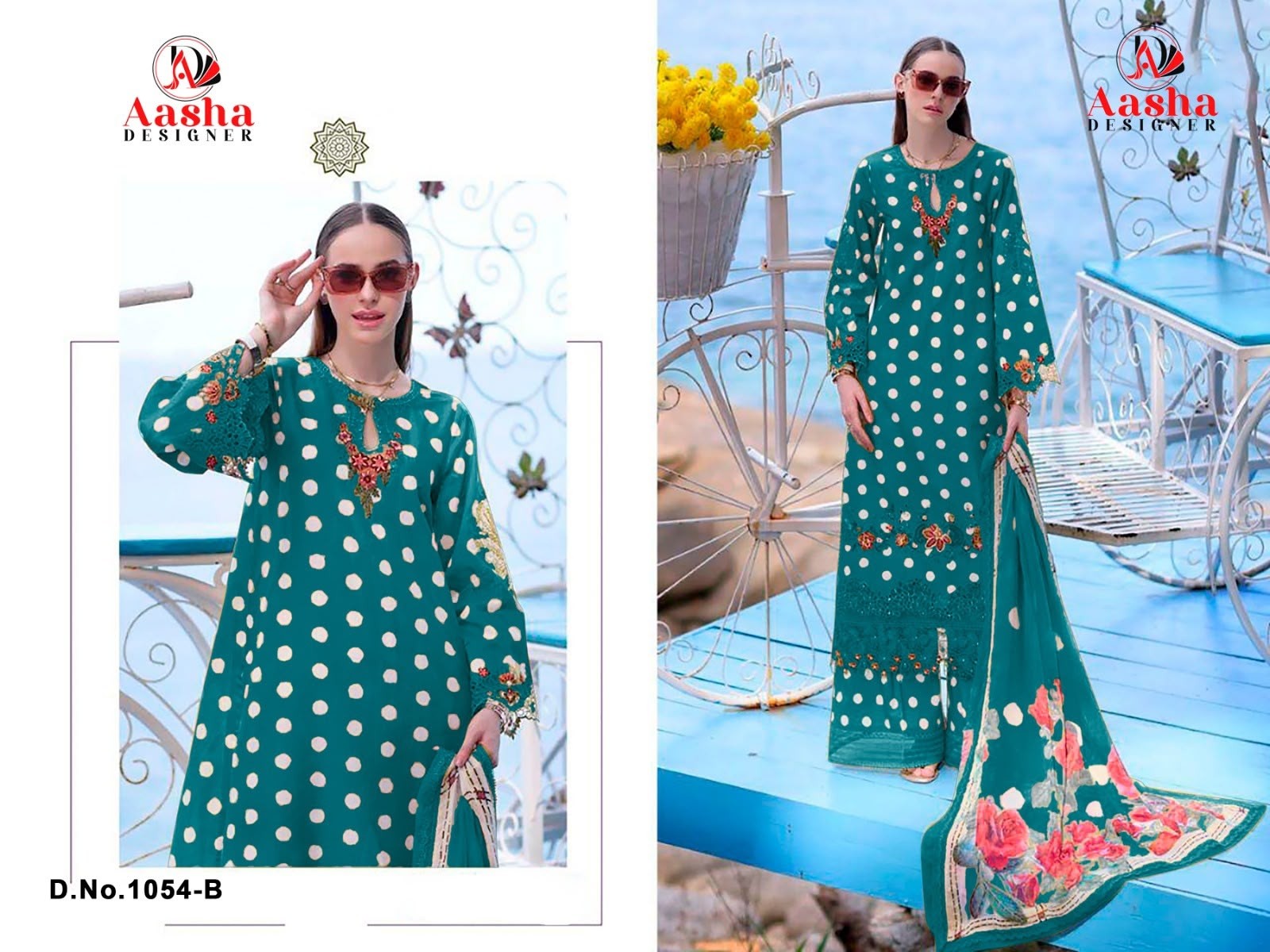 AASHA DESIGNER 1054-1055 Pure Cotton Printed Suit with Patch Embroidery & Lawn Dupatta Pakistani Suit Single Wholesale Price 