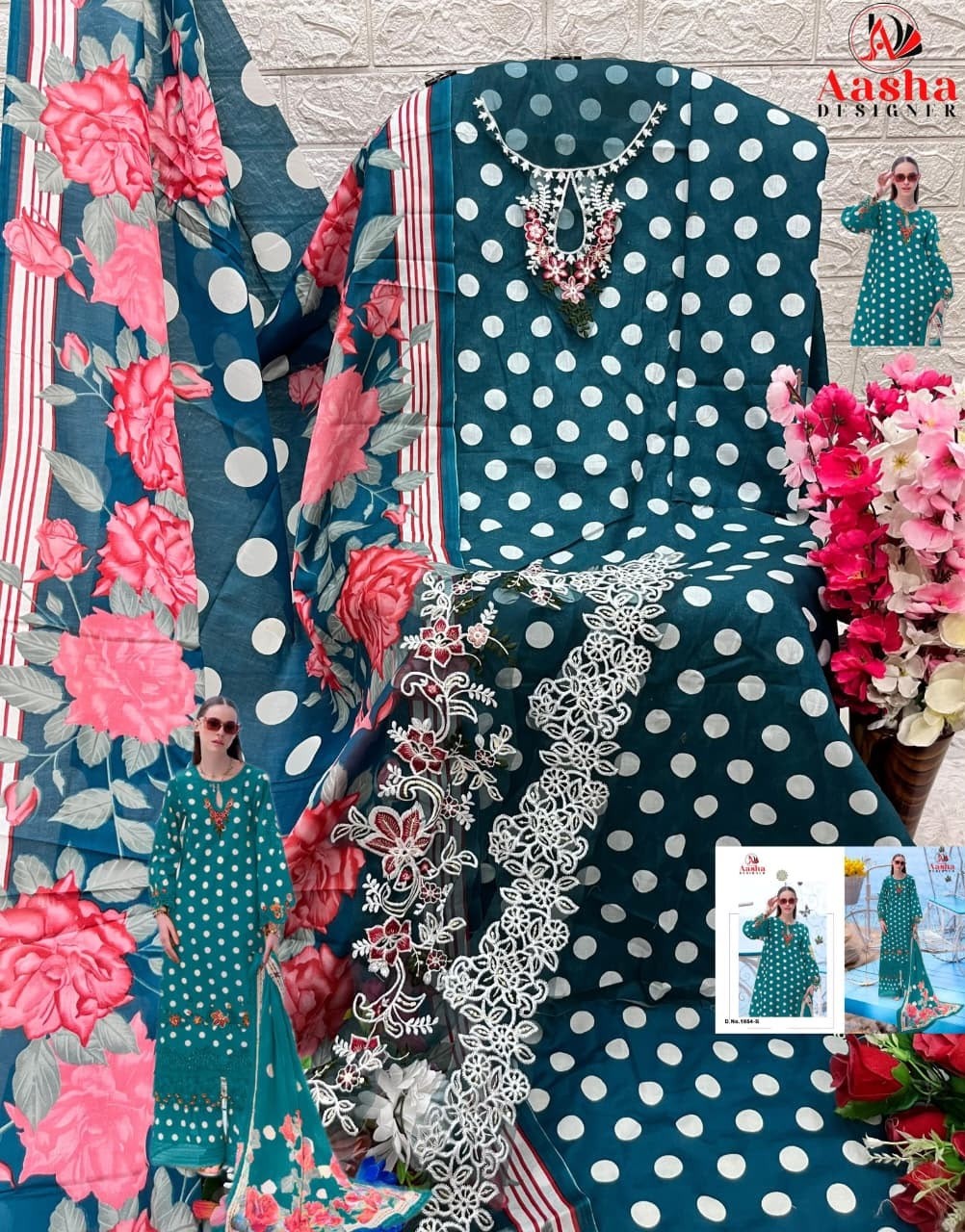 AASHA DESIGNER 1054-1055 Pure Cotton Printed Suit with Patch Embroidery & Lawn Dupatta Pakistani Suit Single Wholesale Price 