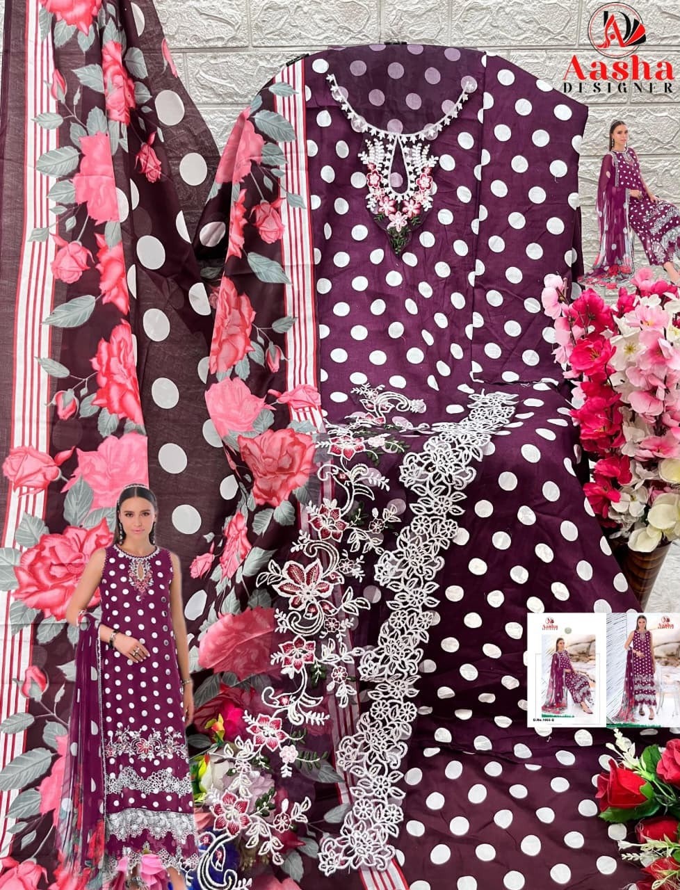 AASHA DESIGNER 1054-1055 Pure Cotton Printed Suit with Patch Embroidery & Lawn Dupatta Pakistani Suit Single Wholesale Price 