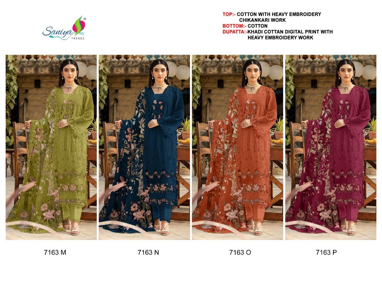 Saniya Trendz ELAF Premium Cotton Chikankari Embroidered Dress Material – Design 7163 Pakistani Suit Single Wholesale Price 